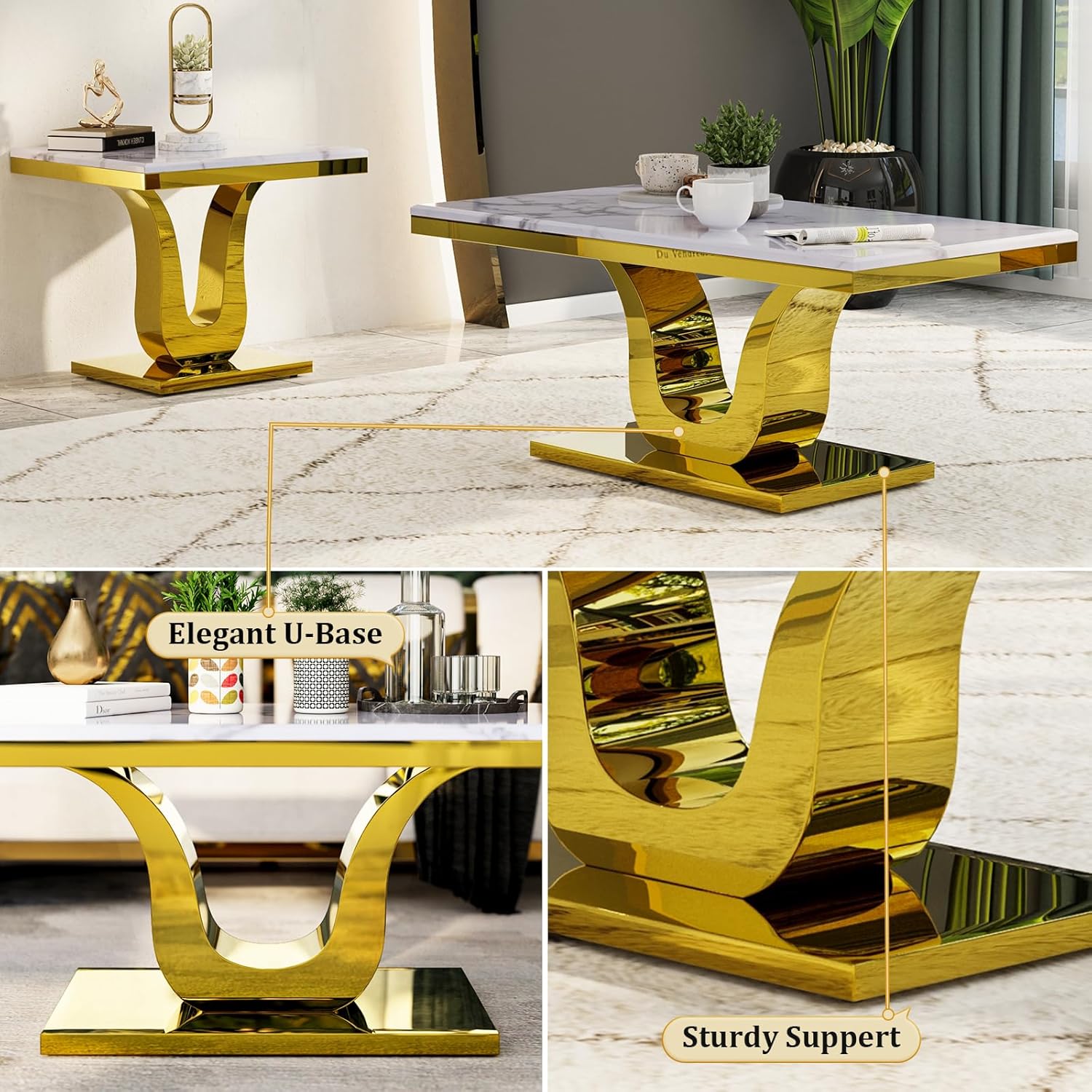 Gold Coffee Table, White and Gold Rectangle Living Room Tea Table, Glam 48 inch Coffee Table for Living Room, Guest Hall, Reception Room