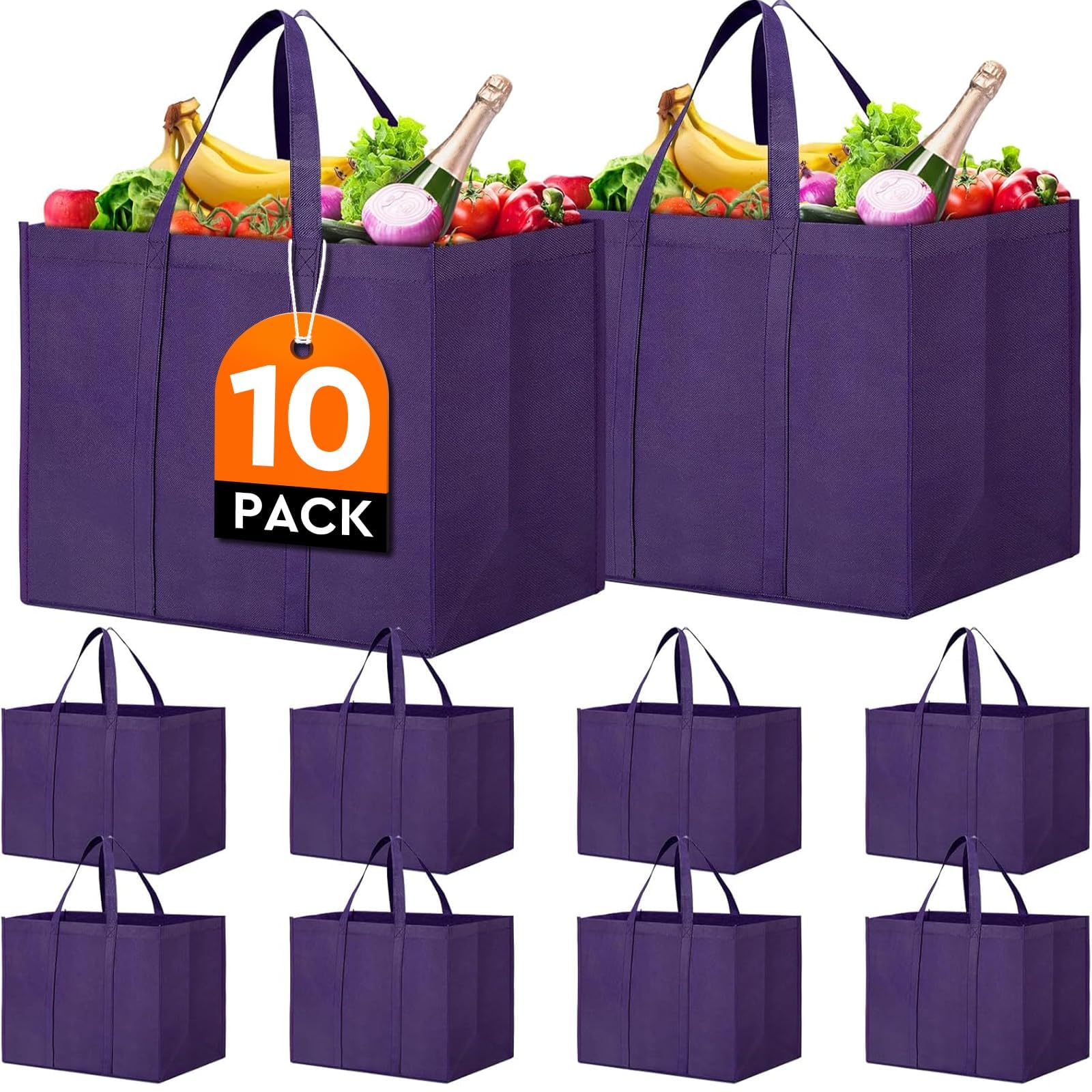 WISELIFE Reusable Grocery Shopping Bags 10 Pack Large Foldable Tote Bags Bulk, Eco Produce Bags with Long Handle for Shopping Groceries Clothes (