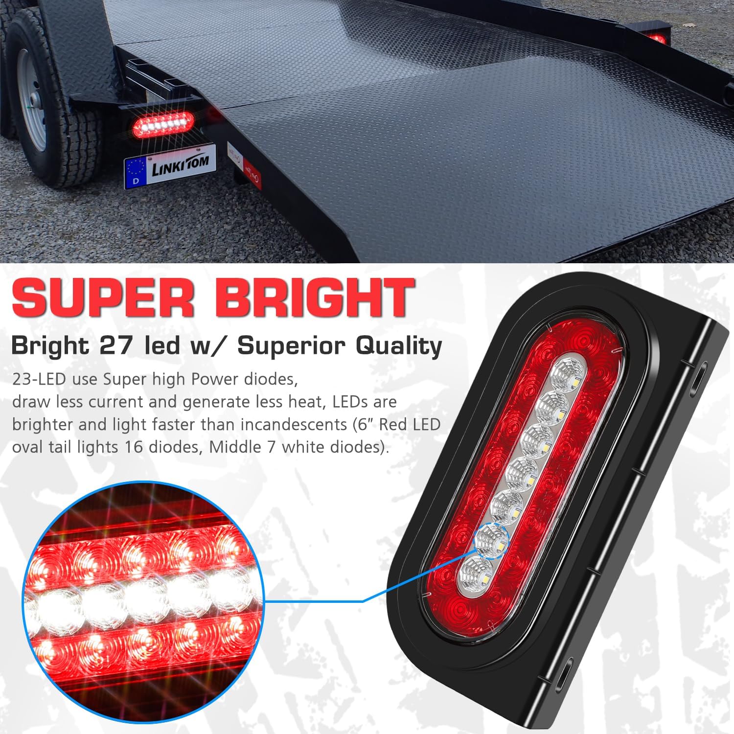 LINKITOM 6 Inches Oval Tail Lights with Steel Mounting Bracket & Rubber Gasket for 10-30 Volt Boat Trailer Truck RV, DOT Certified, IP67 Waterproof