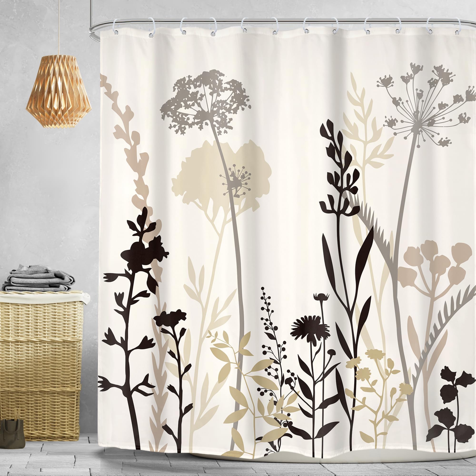 Rideau de Douche Beige, crème, Taupe, Marron, Silhouette Florale, Style bohème Rustique, Feuilles et Plantes Sauvages, Style Vintage, Salle de Bain, 300x200cm(LxH)