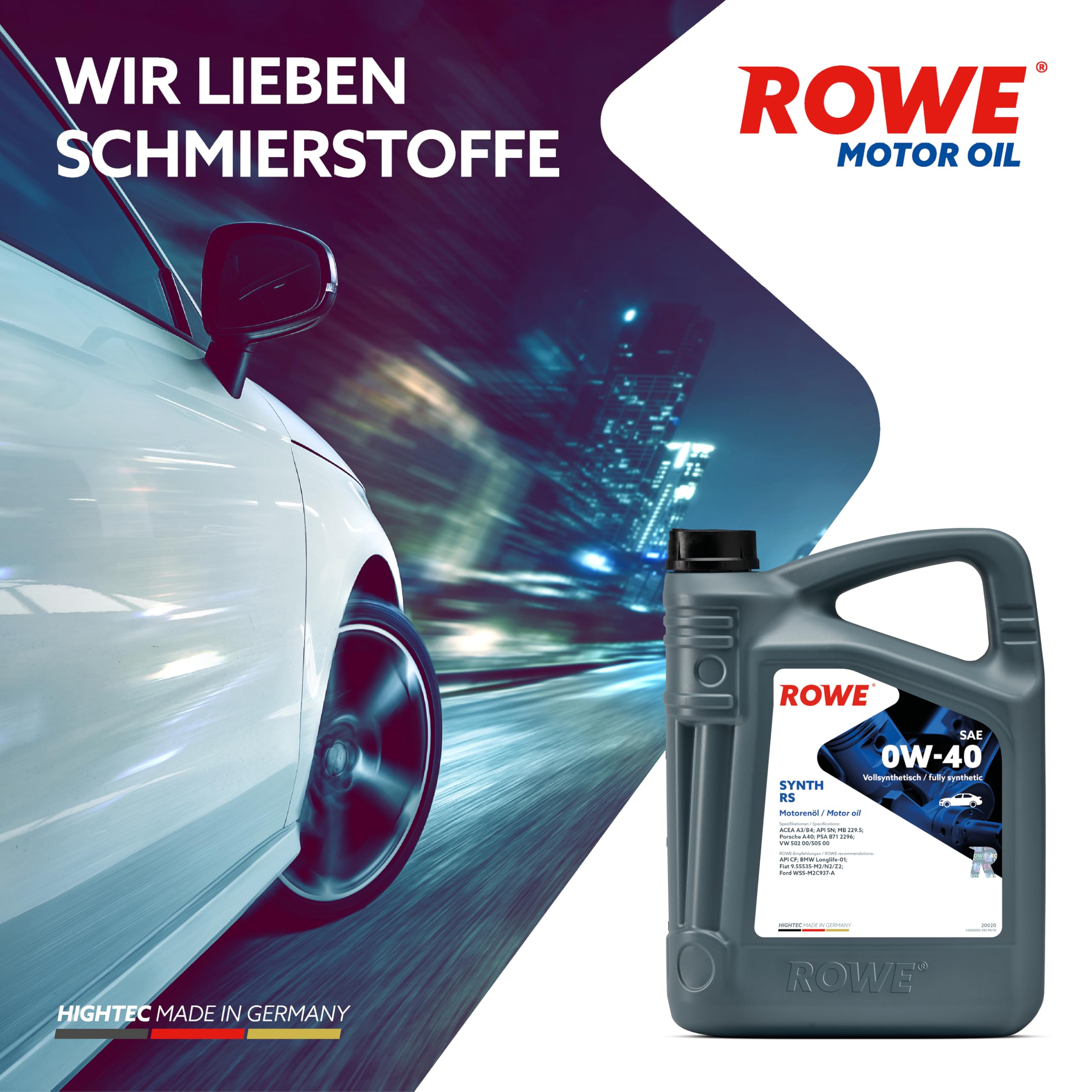 ROWE Aceite de motor 0W-40 HIGHTEC Aceite completamente sintético ACEA A3/B4 API SN SYNTH RS 5L Compatible con VW Polo V Hatchback 6R1, 6C1 up! Hatchback 121, 122, BL1, BL2, BL3, 123, PEUGEOT, SKODA