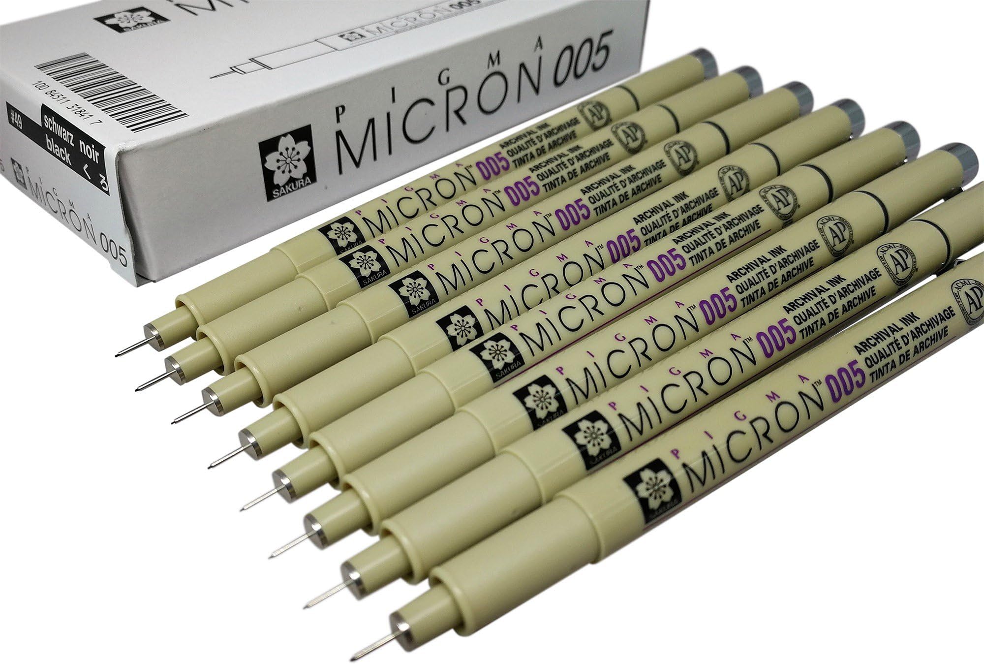 Sakura Pigma Micron pen 005 Black ink marker felt tip pen, Archival pigment ink, fine point for artist drawing pens - 8 pen set