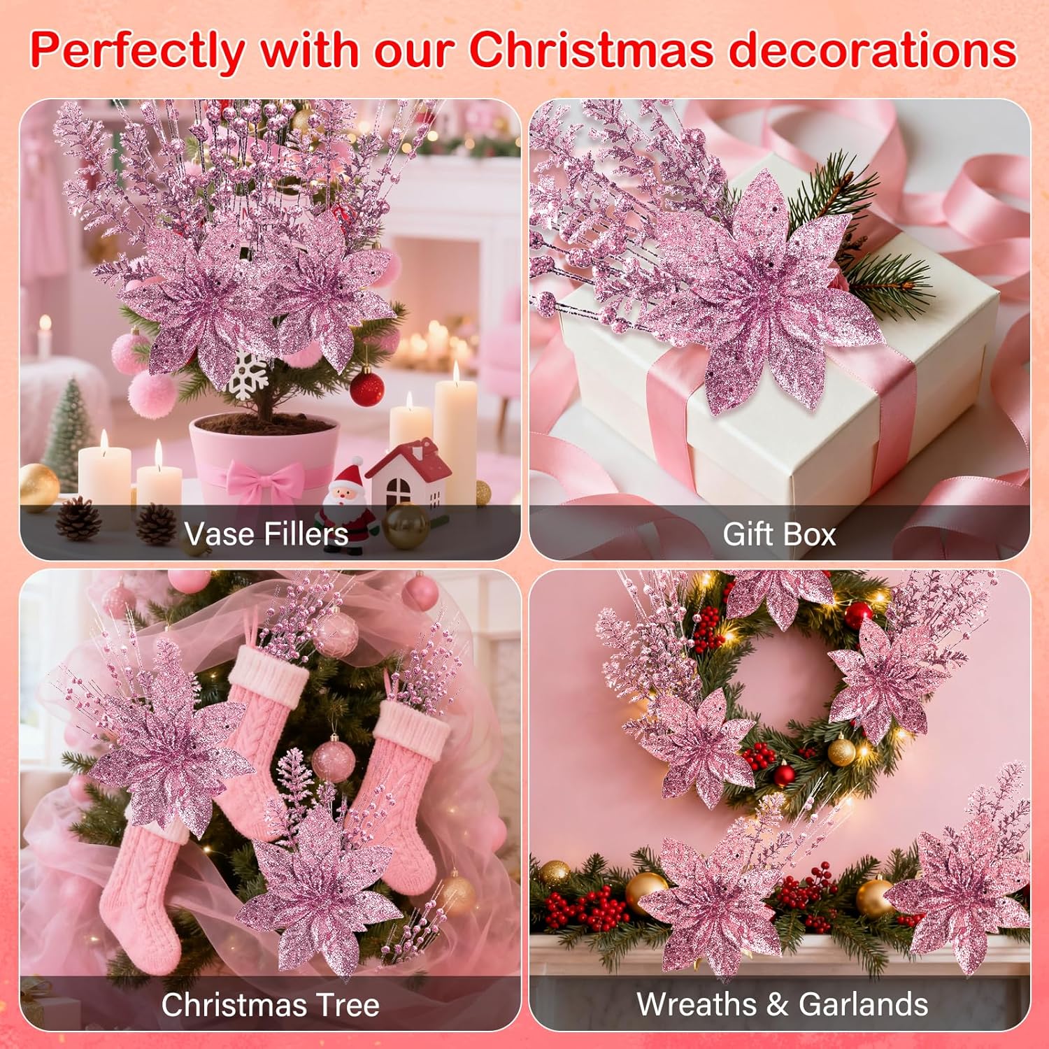18 Pack Christmas Tree Ornaments Set, 17.5 Inch Pink Fake Christmas Picks Decorations with 2 Styles, Artificial Glitter Berry Stem Ornaments for Christmas Tree Wedding Small Vase Wreath Decor
