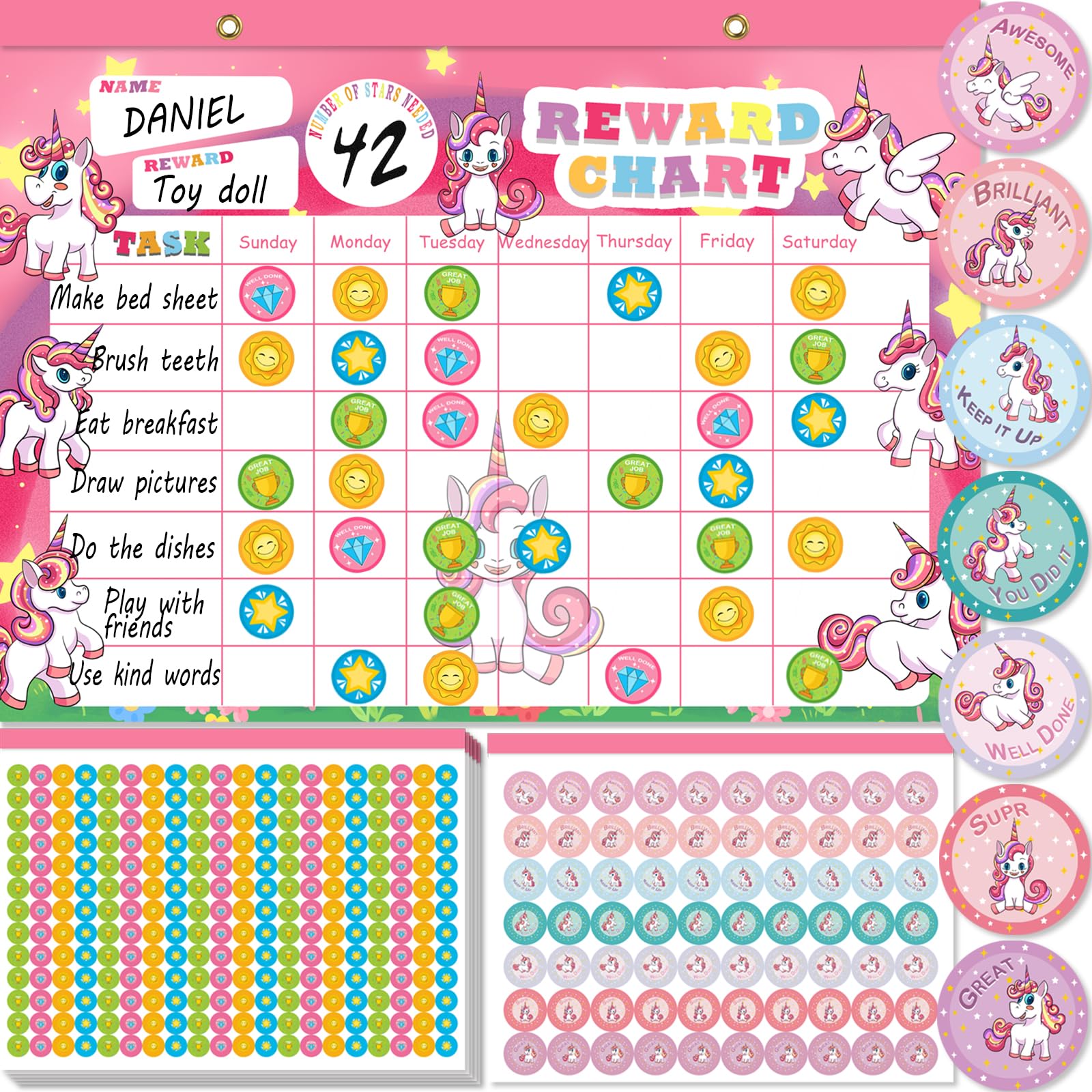 Reward Chart for Kids, Unicorn Magnetic Kids Behavior Chart, Pad with 26 Chore Charts, 2080 Star Stickers, 70 Incentive Stickers, Responsibility Chart