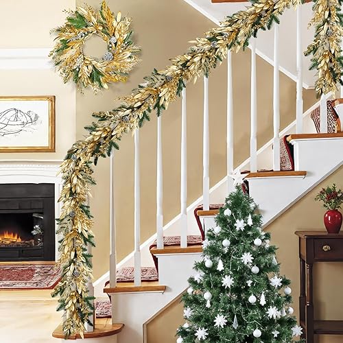 Miniatura 6 de Guirnalda de Navidad de 6 pies para puerta delantera, corona, bolas, conos de pino, ramitas doradas, agujas de pino y bayas plateadas para ventana