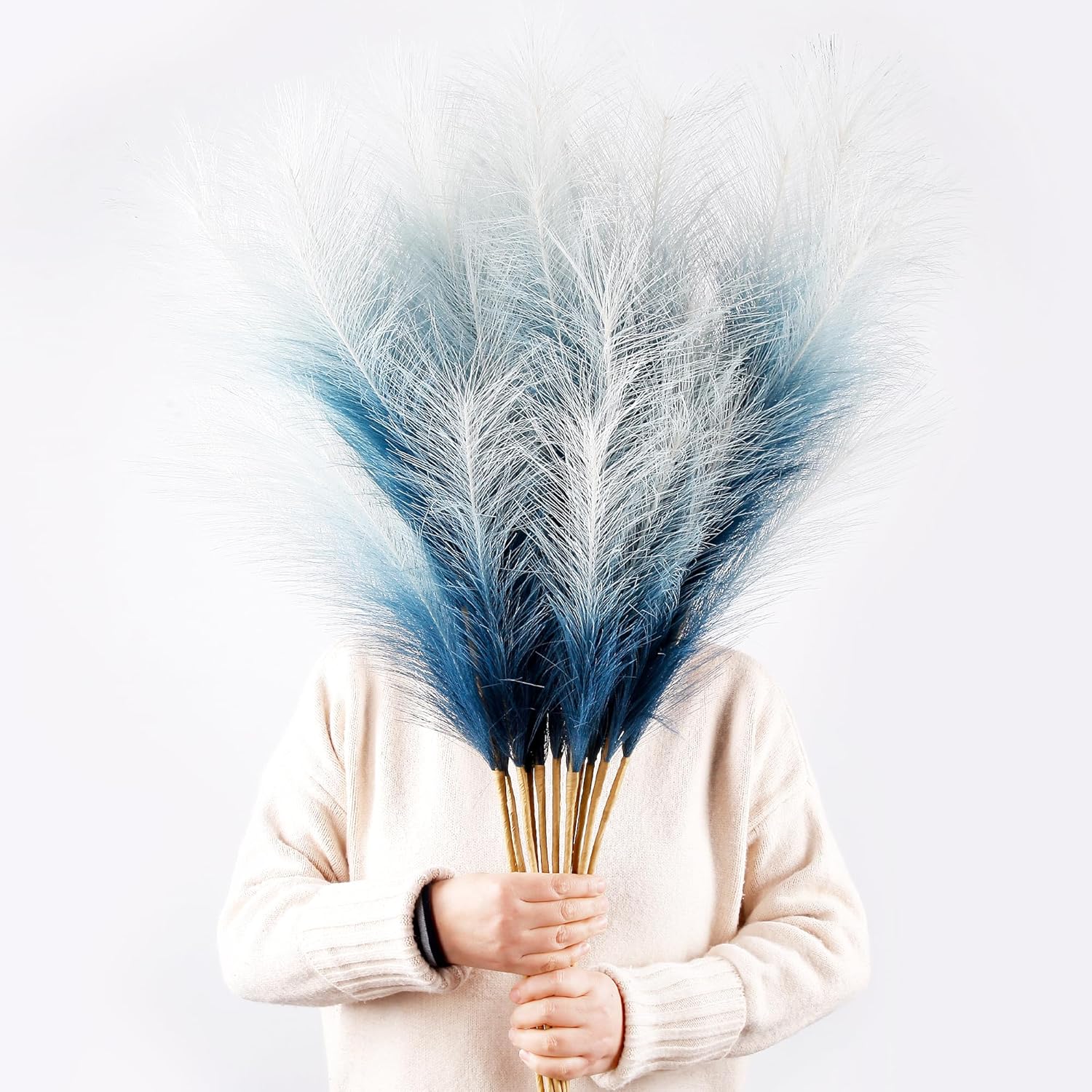 12 Pcs Blue Gradient Faux Pampas Grass Decor 38″/3.1FT Tall Fake Pompas Floral Large Artificial Pompous Grass Branches Plants for Floor Vase Filler Home Boho Decoration