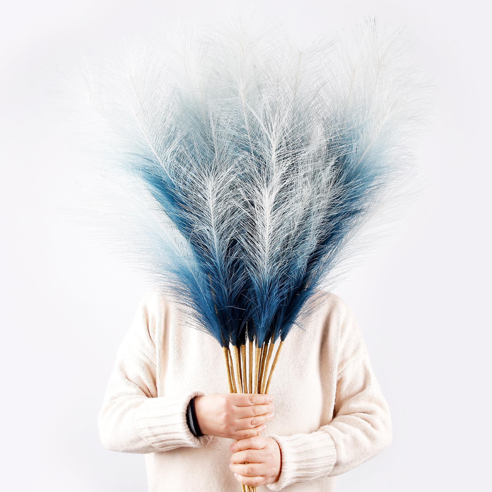 Acfruits 12 Pcs Blue Gradient Faux Pampas Grass Decor 38"/3.1FT Tall Fake Pompas Floral Large Artificial Pompous Grass Branches Plants for Floor Vase