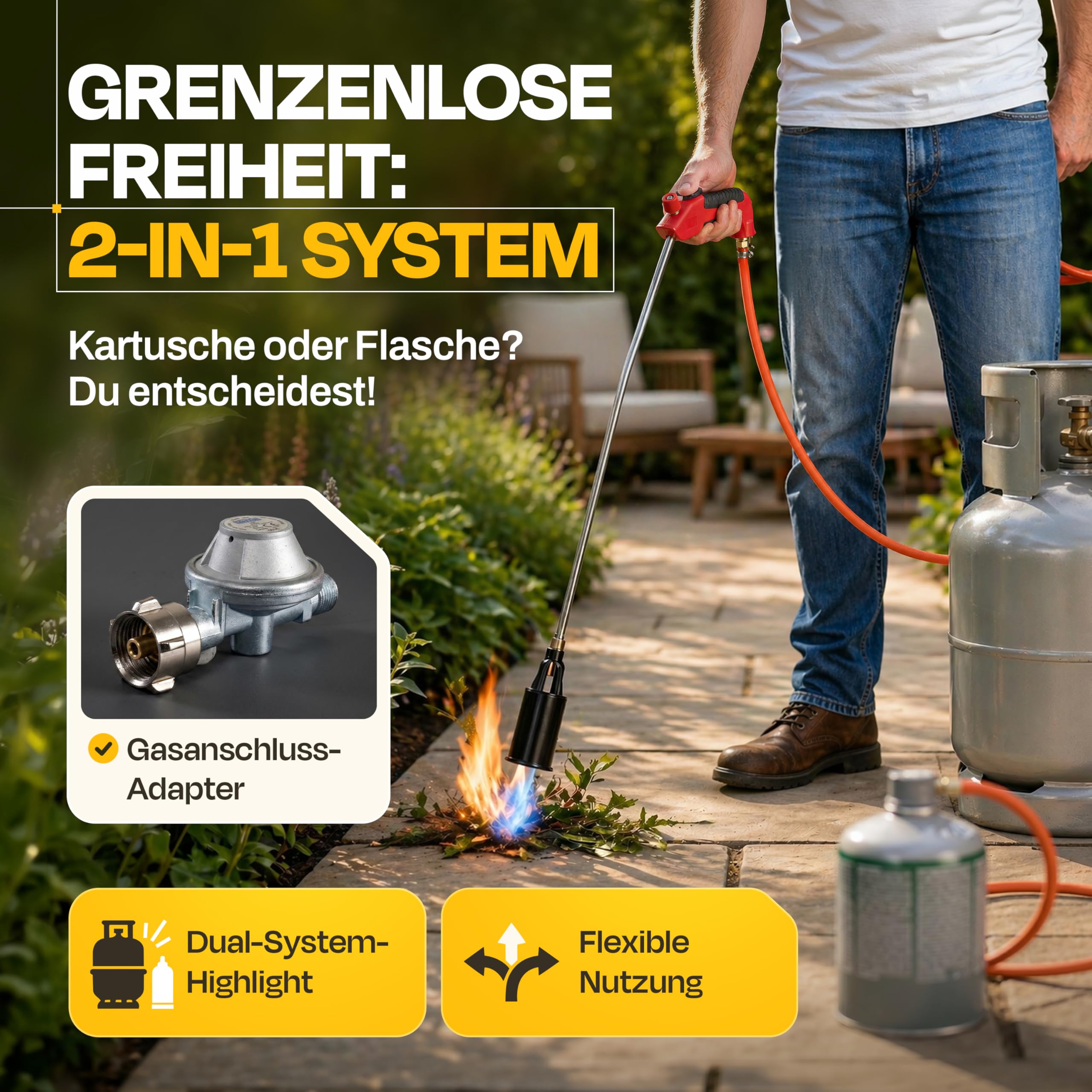 Unkrautbrenner Gas 2-in-1 – Abflammgerät mit Piezozündung für Gaskartusche & Gasflasche - bis 1.500 °C – stufenlose Flammenregelung – chemiefreie Unkrautentfernung für Garten & Hof