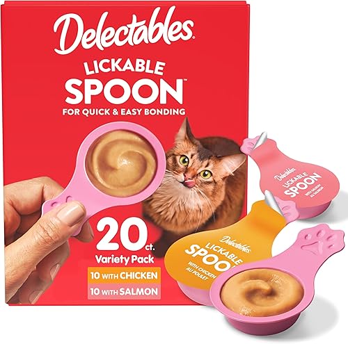 Delectables Cuchara para lamer golosinas húmedas de mano para gatos hechas con pollo y salmón real, puré cremoso rápido y fácil, sin desorden, sin
