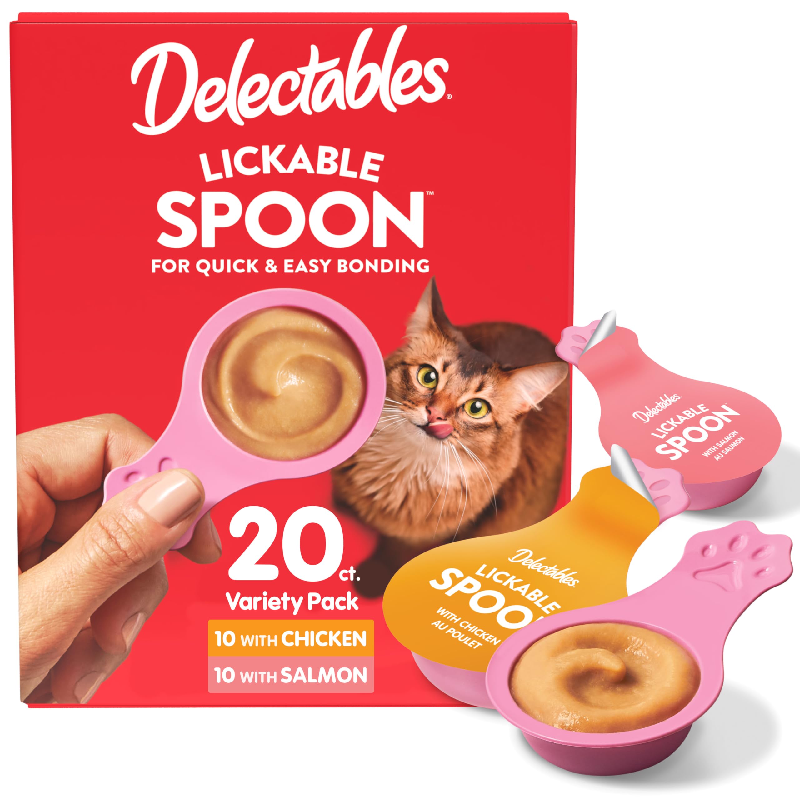 Delectables Lickable Spoon™ Handheld Wet Cat Treats Made with Real Chicken & Salmon, Creamy Puree, Mess Free, Quick & Easy, Grain-Free, No Added Fillers, No Added Preservatives, Variety Pack, 20ct