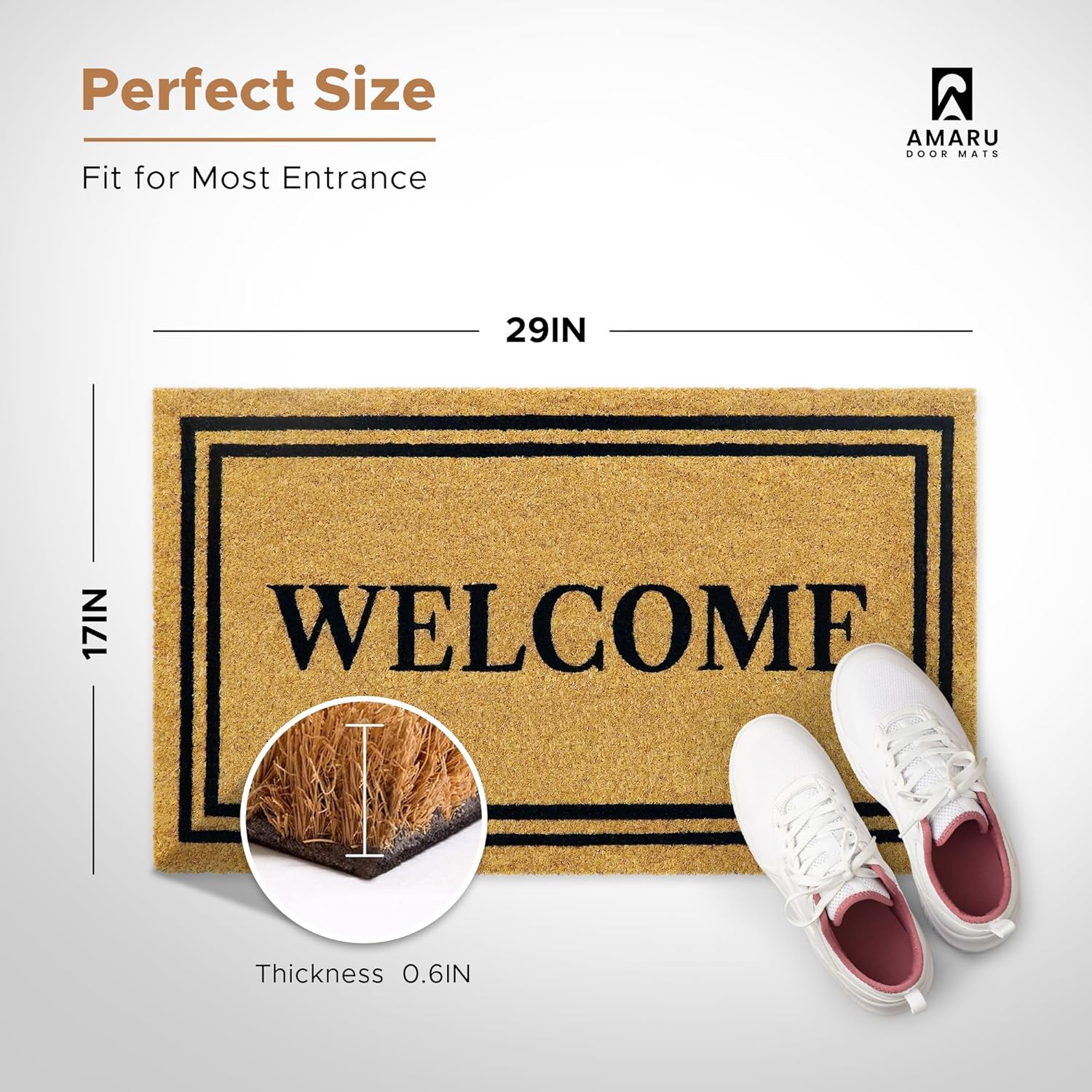 Welcome Classic (6) - 17"x29" - Coir Door Mat with Heavy Duty Backing - Welcome Mats for Entryway, Porch - Anti-Slip PVC & Coconut Fiber Surface - Natural Home Accessories, Minimalist Original Design