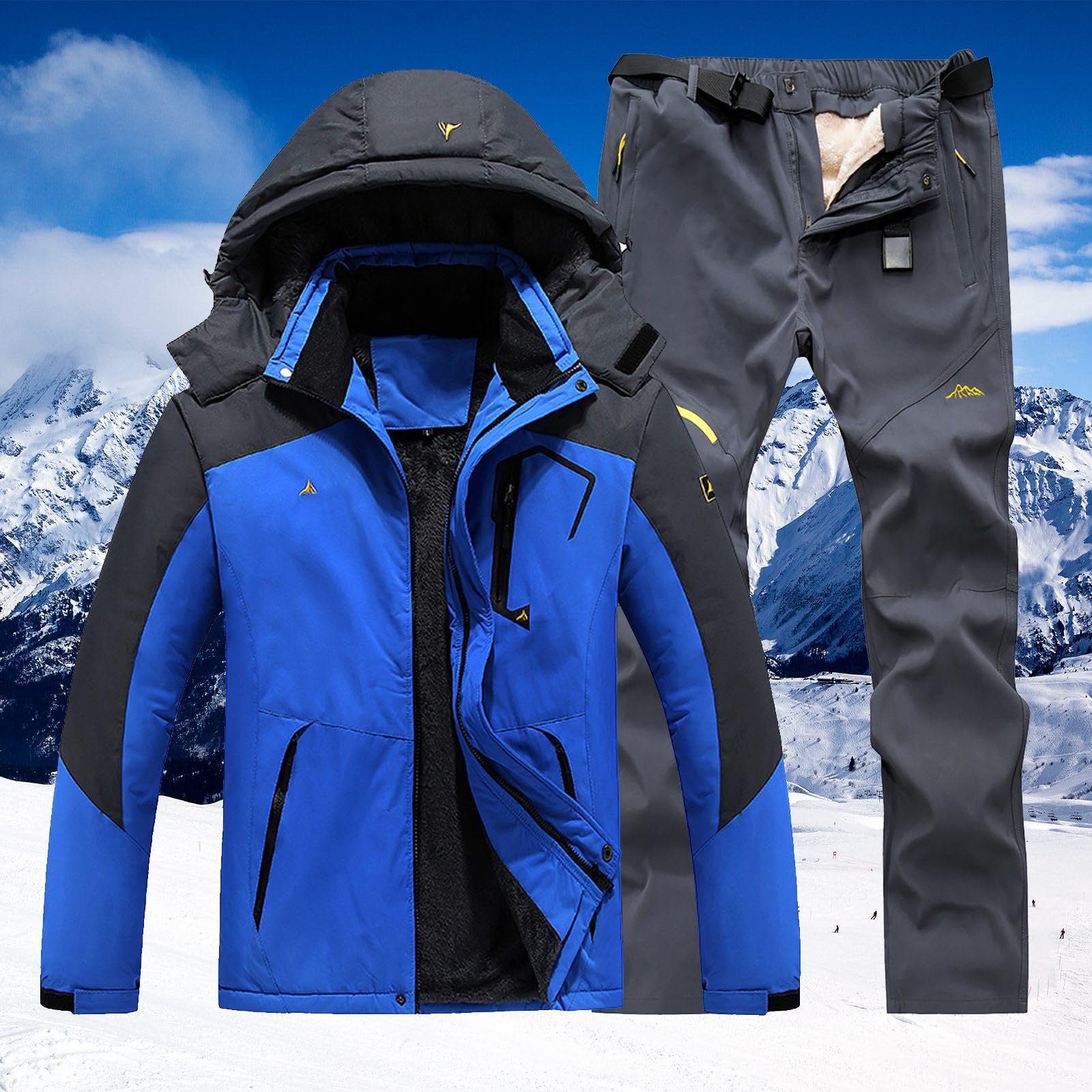Generisch Traje de esquí para hombre, 2 piezas, cálido traje de nieve, chaqueta de esquí, chaqueta y pantalones, ropa de esquí con capucha, impermeable, abrigo de nieve