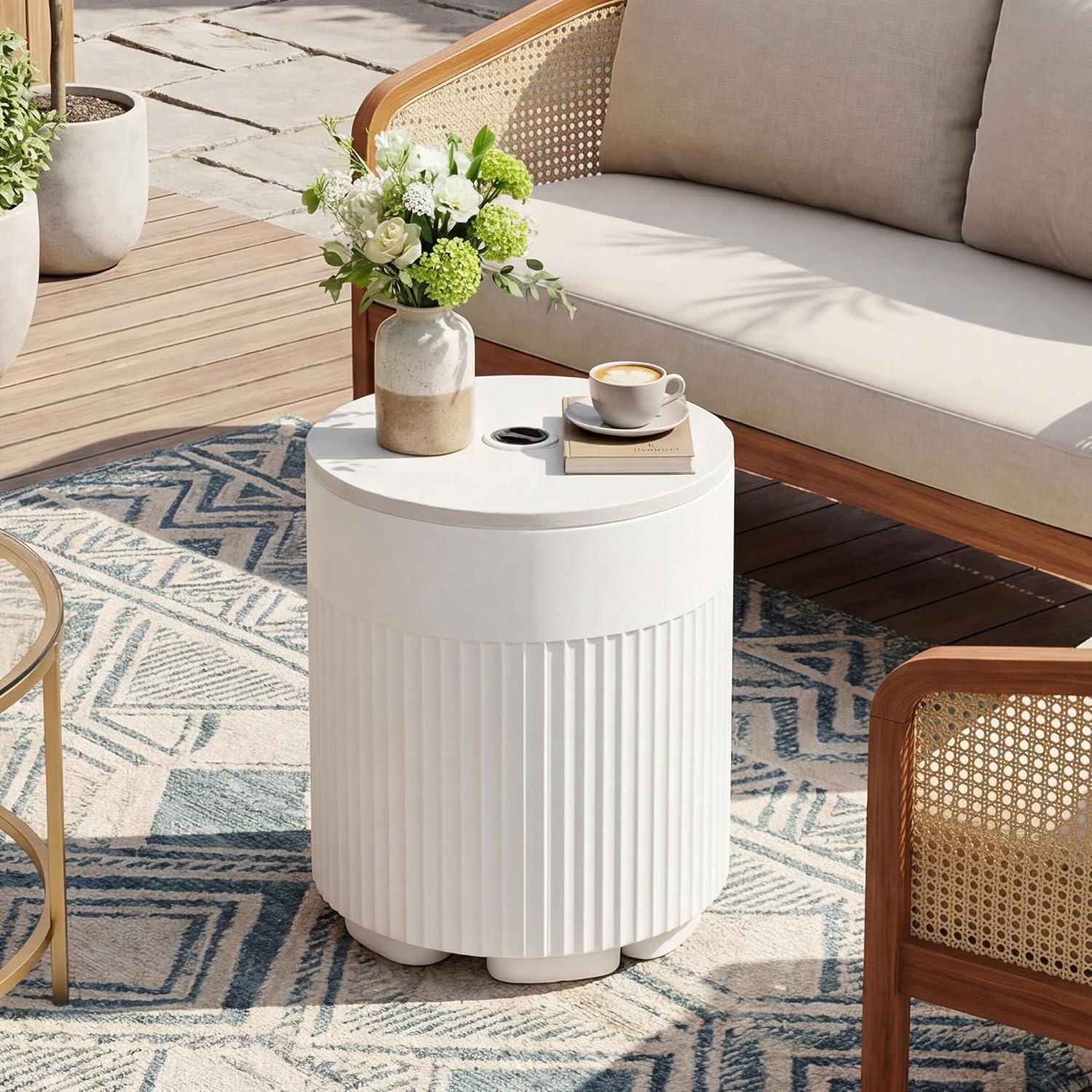 HOMPUS Umbrella Side Table, Outdoor Table with Umbrella Hole, Patio Round Stand for Porch, Poolside & Garden, Modern Coffee End Table, Easy Assembly, White