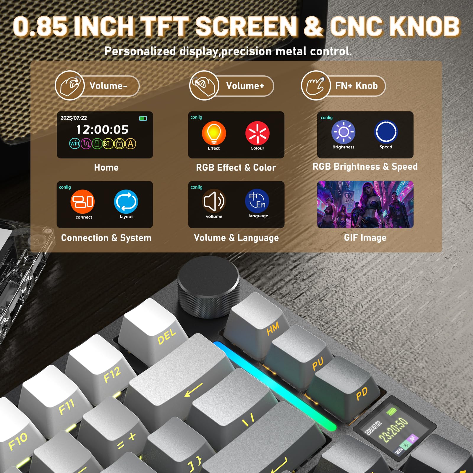 Attack Shark X820Ultra Wireless 75% Mechanical Gaming Keyboard with Screen & Knob Hot Swappable 2.4GHz/BT/Wired RGB Backlit Gasket Mount Side Print PBT Keycap QMK Web Driver Gift Switch-Moonnight