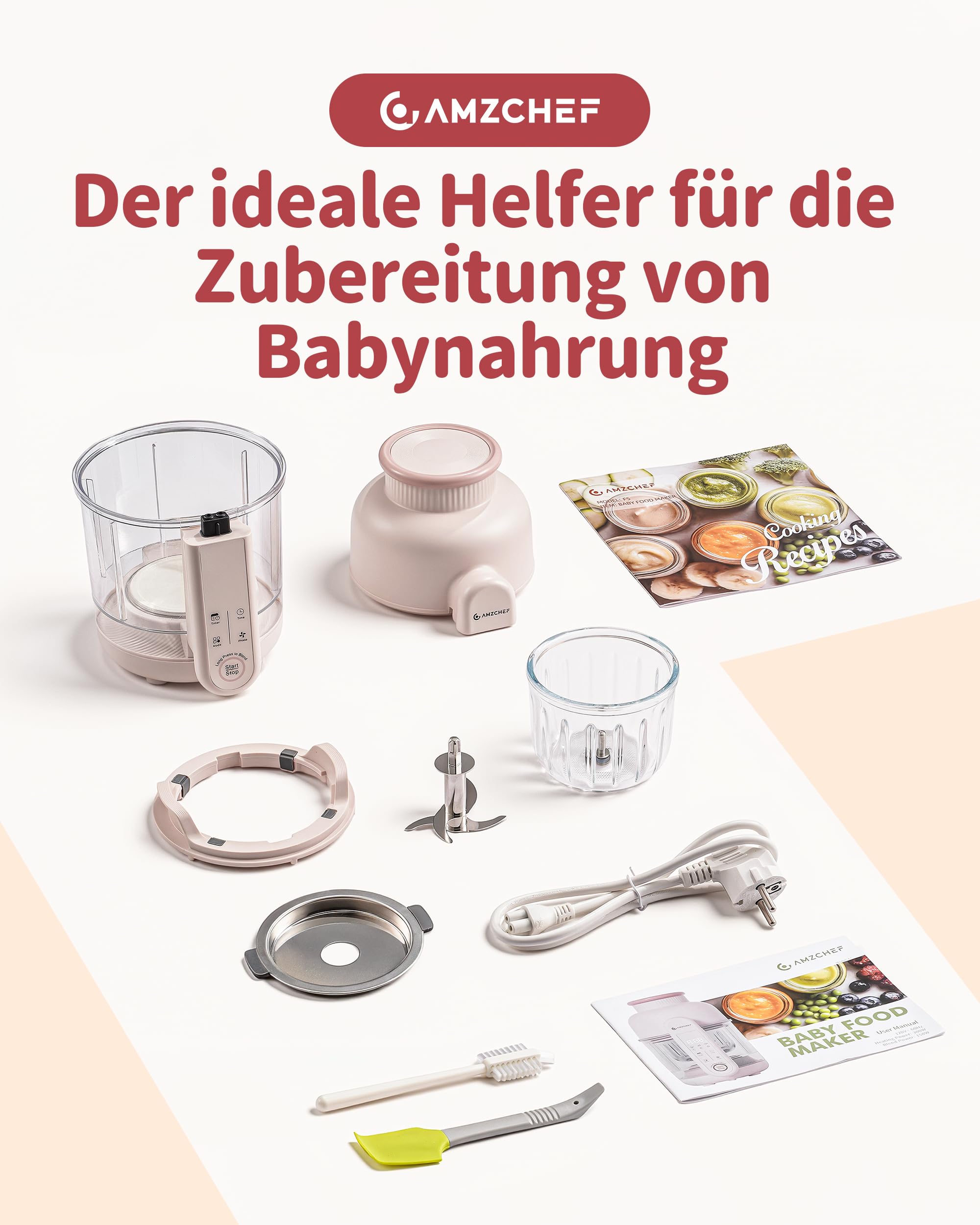 AMZCHEF Babynahrungszubereiter mit Dampfkorb – 6-in-1 Automatisches Kochen & Mixer mit Altersauswahl und Timer, Babybrei Zubereiter für verschiedene Zutaten, spülmaschinenfest und BPA-frei