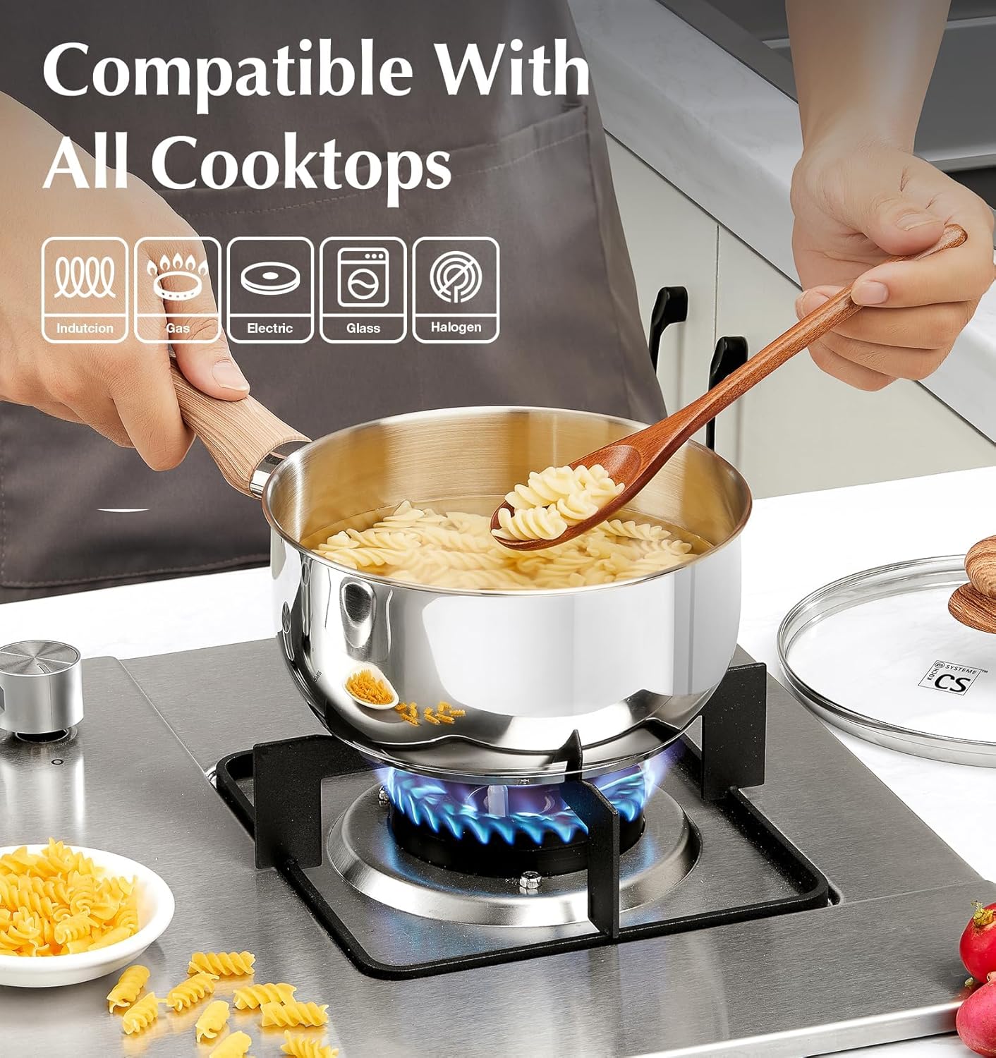 KOCH SYSTEME CS Stainless Steel Saucepan Set 1QT 2QT 3QT, 18/10 Stainless Steel Sauce Pan with Glass Lid, Even Heating Sauce Pot with Wood Grain Stay Cool Handle, Induction Compatible, Dishwasher Safe