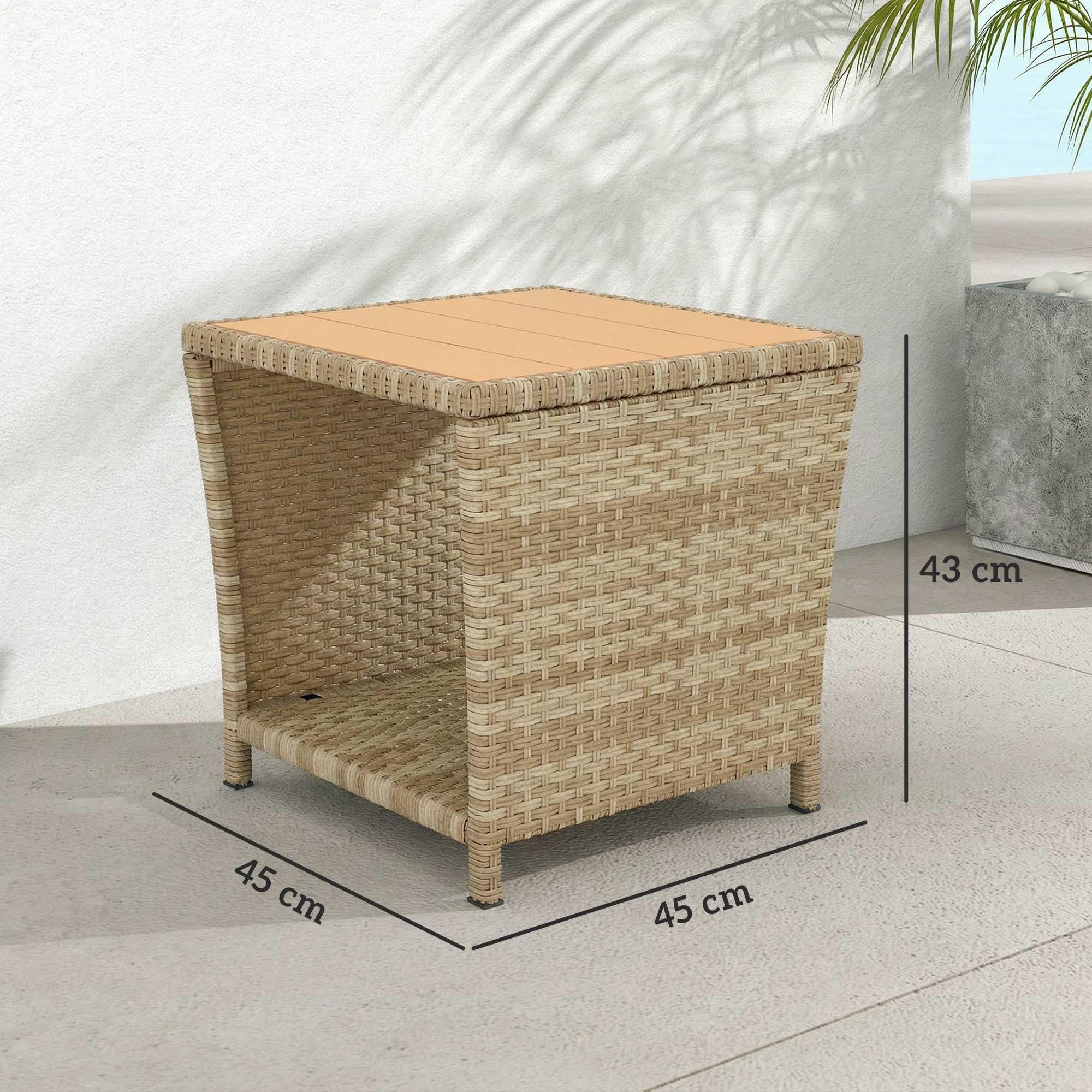 Outsunny 2-stöckiger Beistelltisch aus PE-Rattan mit Ablagefach, quadratischer Outdoor-Couchtisch mit PS-Holzlattenplatte, UV-beständig für Terrasse, Garten, Balkon, Khaki | Quadratischer Couchtisch für den Außenbereich, PS Holzlattenplatte, UV-beständig,