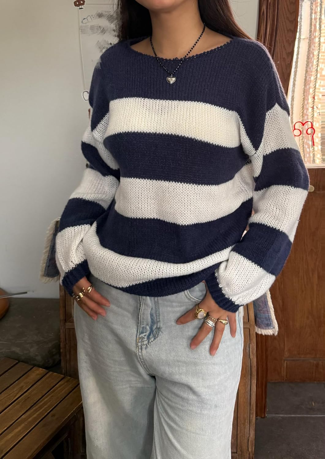 FOMOYUU Women Oversized Striped Sweater Color Block Knit Long Sleeve Sweatshirt Loose Pullover Y2K Preppy Jumper - Image 2