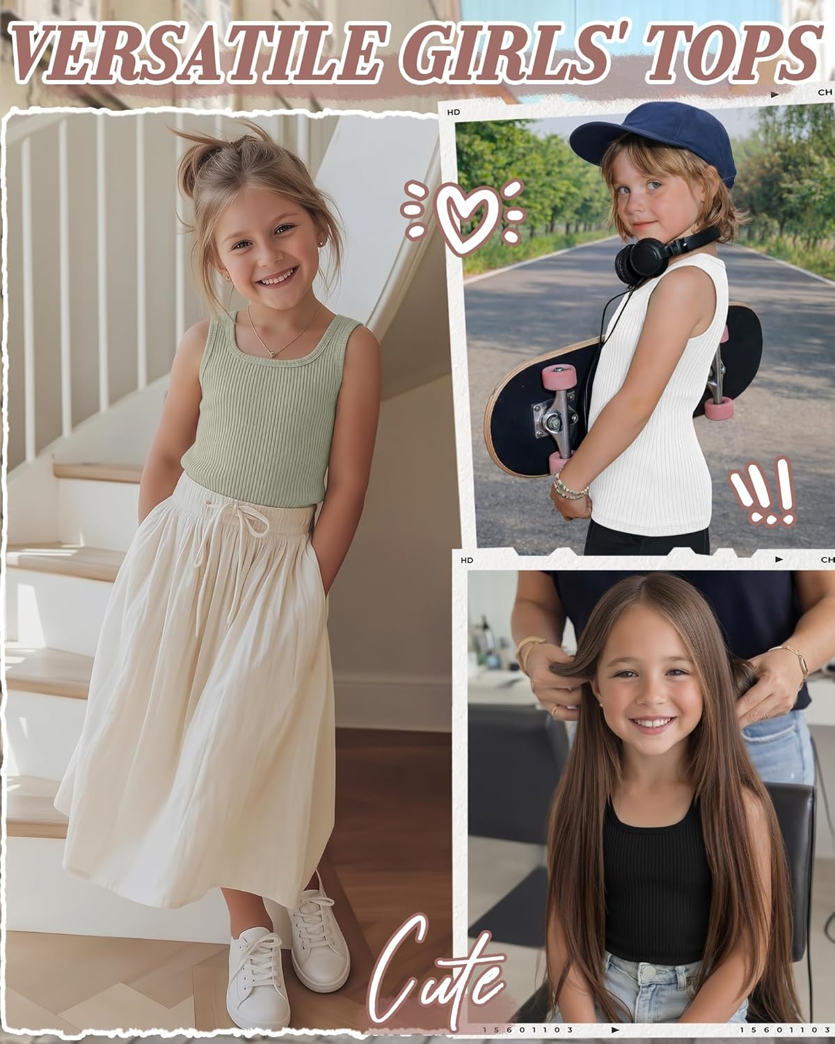 Oakgarden 4 Pack Girls Tank Tops Ribbed Knit Sleeveless Shirts 5-14 Years Square Neck Basic Stretch Undershirt Casual Tops