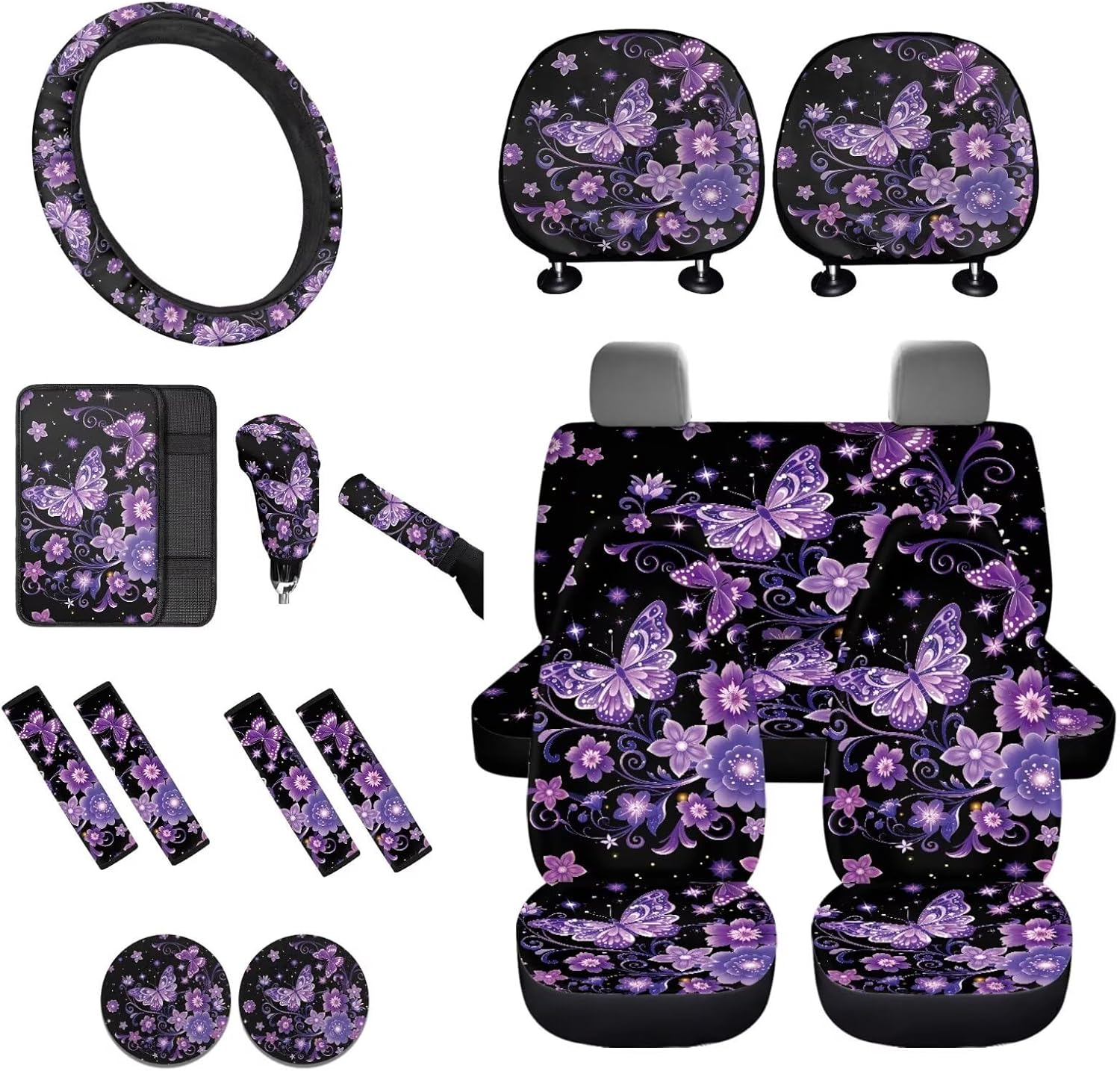 Lotusorchid American Flag Camo Hunting Automotive Seat Covers Full Set of 16, Car Seat Cover for Front Back Seats with Steering Wheel Cover Seat Belt Pads Car Shift Knob Cover Handbrake Cover