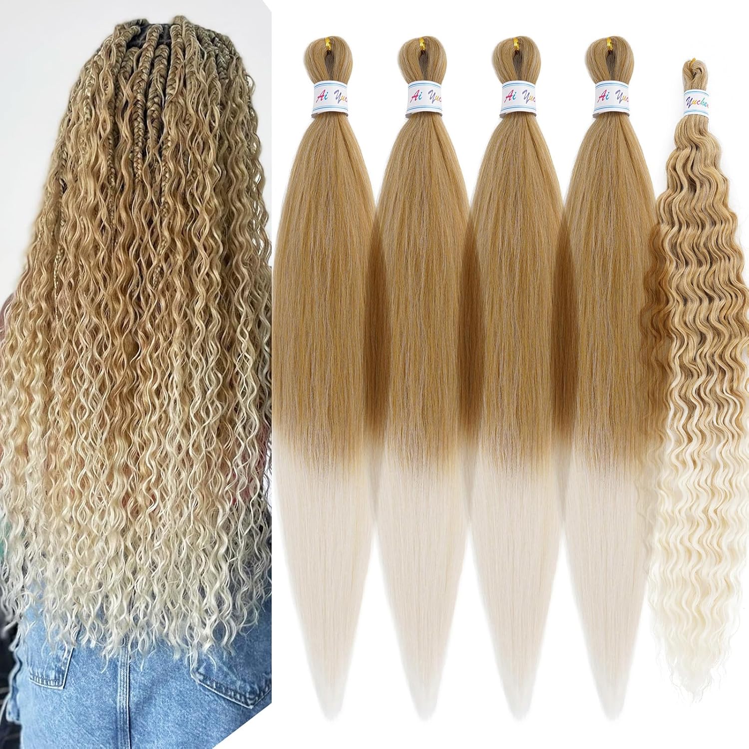 27/613 Ombre Boho Braiding Hair Pre Stretched 27/613 Curly Wavy Crochet Hair For Boho Braids Synthetic Boho Curls Non Toxic Bohemian Pre Stretched Braiding Hair Extensions