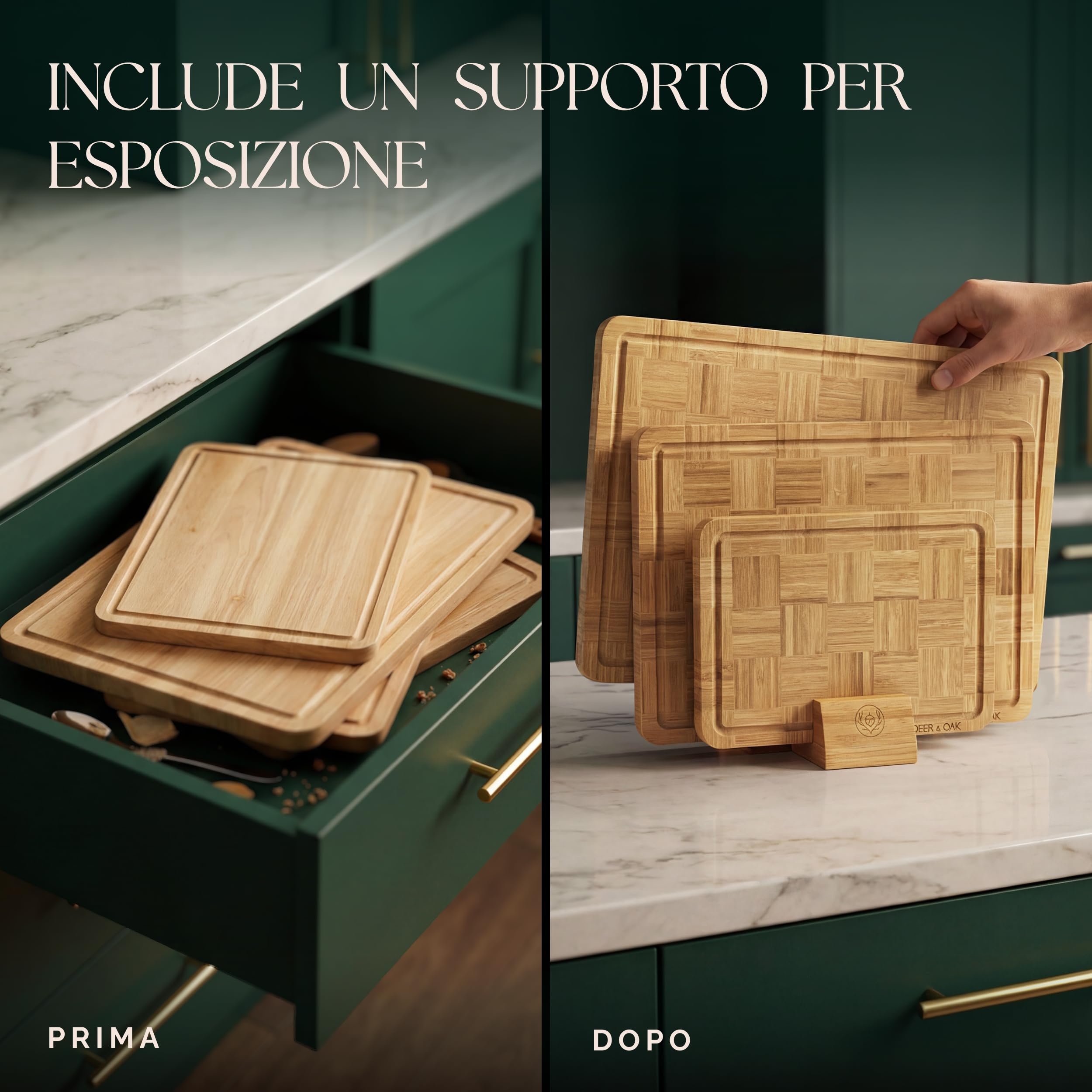 Deer & Oak Set 3 Taglieri in Bambù Carbonizzato con Supporto | Legno pre-oliato · Motivo intrecciato a cesto · Resistenti