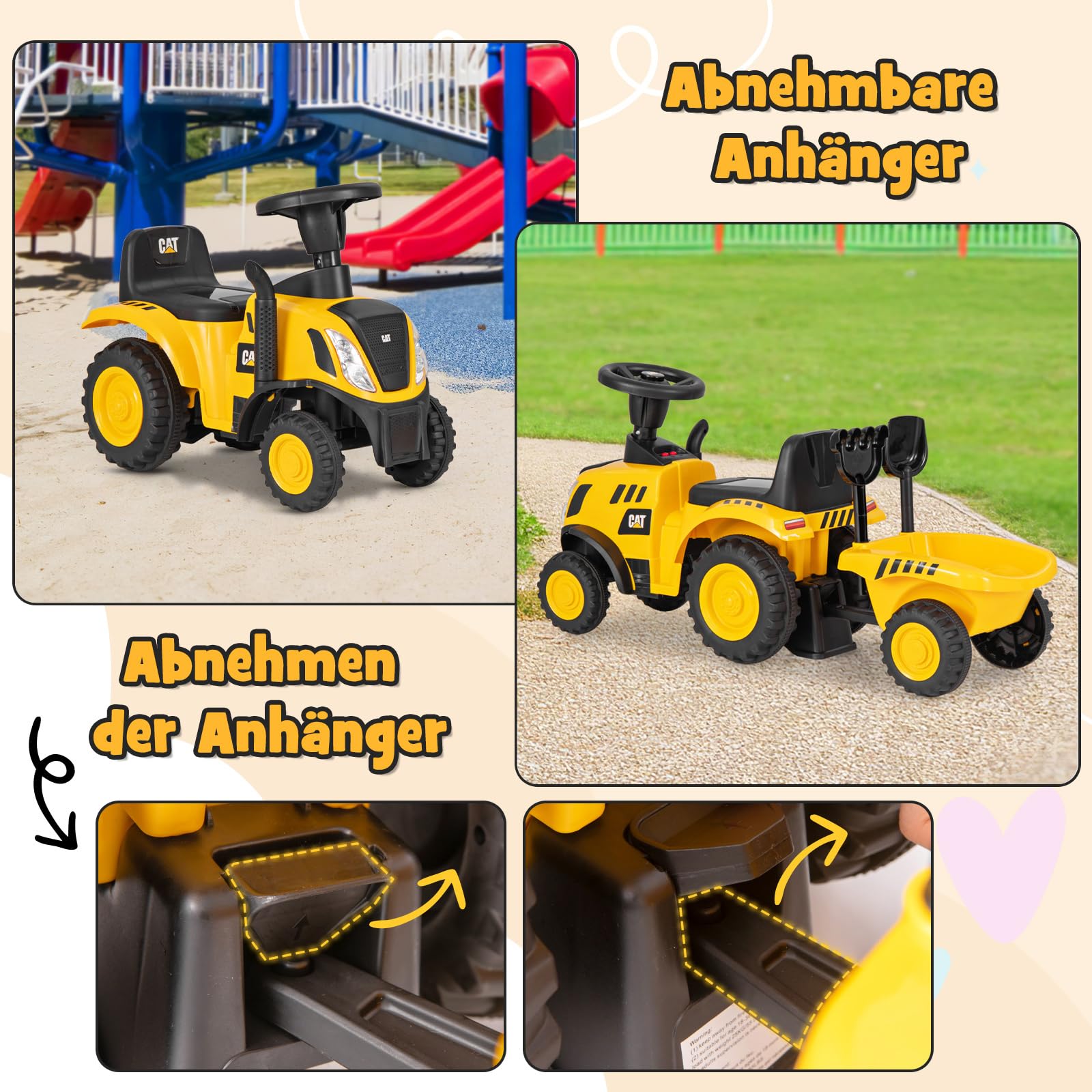 COSTWAY Rutschauto mit abnehmbarem Anhänger, Rutscher Traktor mit Schaufel & Rechen, Rutschfahrzeug mit Hupe, Motorsound & LED-Leuchten, für Kinder ab 1 Jahr