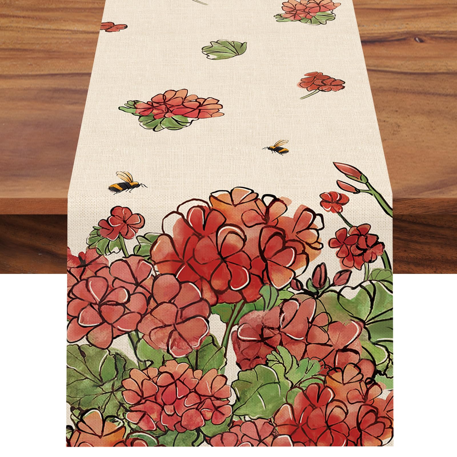 Seliem Spring Summer Floral Flower Table Runner, Red Geranium Bee Kitchen Dining Table Decor, Seasonal Home Decoration Indoor Outdoor Party Supply 13 x 36 Inch