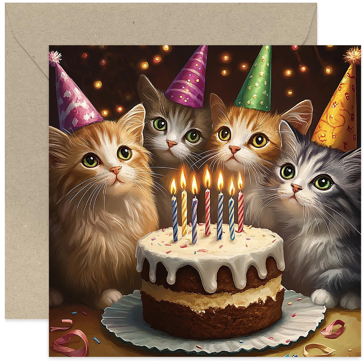 Cute Cat Birthday Cards for Women - Fun Cat Artwork Birthday Greeting Card - Celebrate Party Cake Cat Design - Wonderful Birthday Card for Cat Lover -