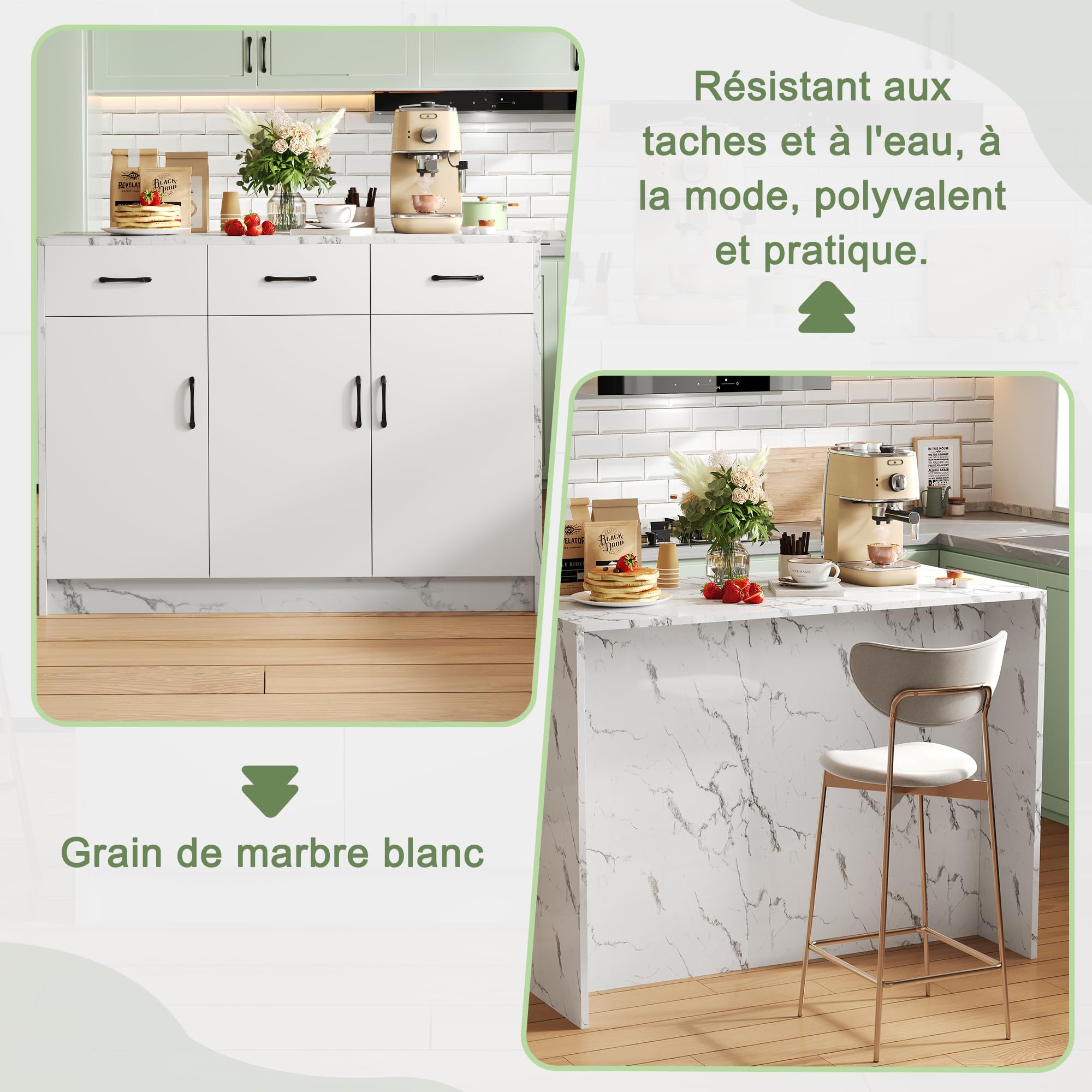 Gran Isla de Cocina, Mueble de mármol con Espacio de Almacenamiento, Mesa de Comedor con 3 cajones y 3 Puertas, Carrito de Bar, 120x60x90,5 cm, Blanco