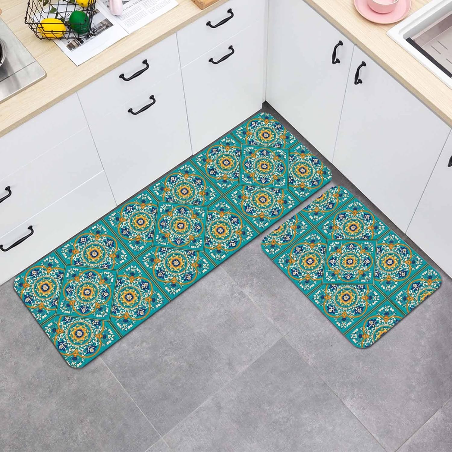 Moroccan Floral Pattern Kitchen Mat Set 2 Pieces Turquoise Yellow Flower Bohemian Country Non Slip Kitchen Rugs Washable Runner Rug Mats for Floor Sink Laundry Office 23.6" x 35.4"+23.6" x 70.9"