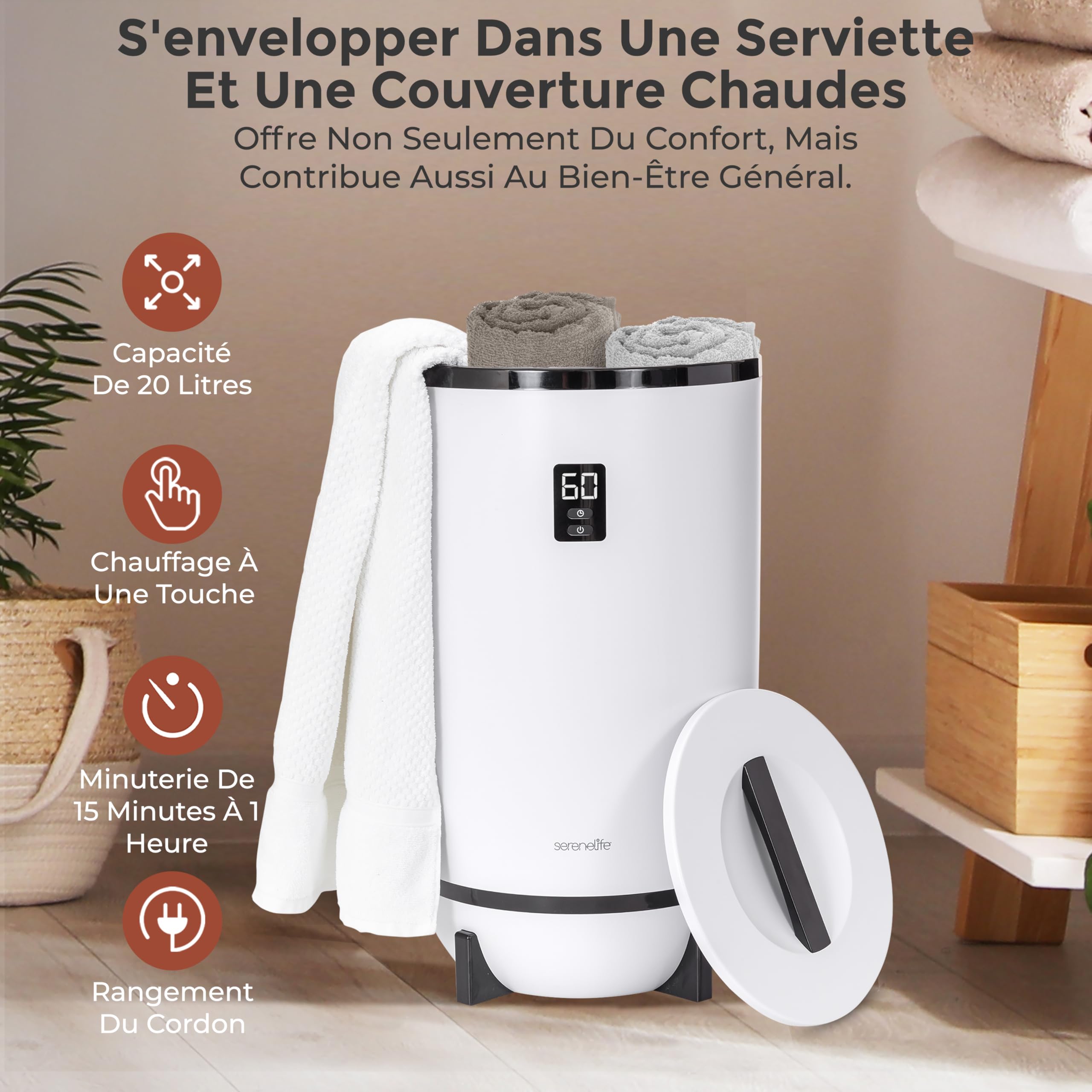 SereneLife Chauffe-Serviettes de Luxe – Seau Chauffant pour Salle de Bain | Arrêt Automatique | Support pour Disque Parfumé | Convient à 2 Grandes Serviettes
