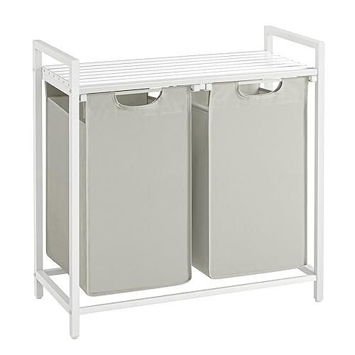 VASAGLE Laundry Hamper, Laundry Basket, Laundry Sorter with 2 Pull-Out and Removable Bags, Shelf, Metal Frame, 2 x 12.1 Gallons (46 L), 28.8 x 13 x 28.4 Inches, Cream White and Cloud White UBLH201W01 - Cream White + Cloud White - 2 Bags - 92 L