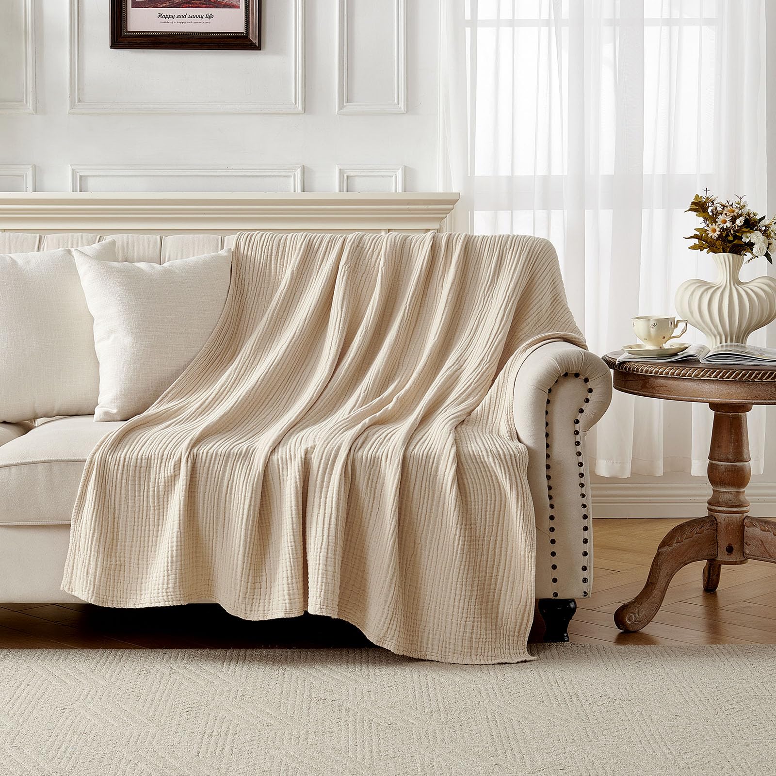 Joydeco Coperta in 100% mussola di cotone, per divano, letto e divano, coperta in morbida garza a 4 strati, leggera e traspirante, per tutte le stagioni, coperta di lusso in cotone da regalo (marrone