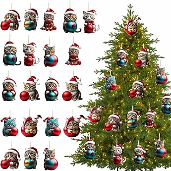 TYXHXTF Pack of 20 Christmas Tree Cat Pendants Fun Christmas Pendant Decoration Cute Acrylic Cat Christmas Tree Decoration Christmas Tree Decoration