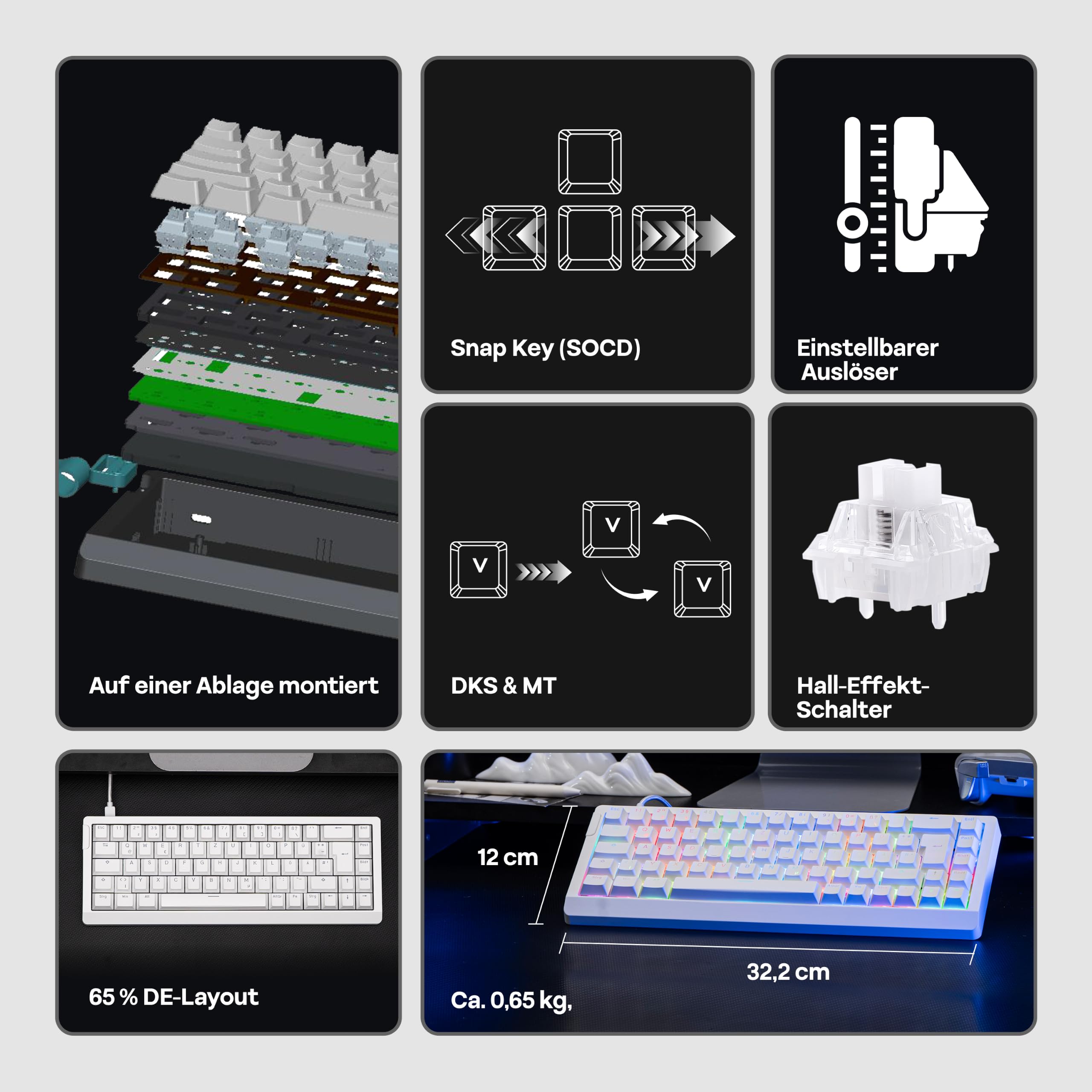MechLands EPOMAKER HE68 Lite Gaming Tastatur, QWERTZ Deutsches Layout, Kabelgebundene Tastatur mit Magnetischer Schalter, Hot Swap, Custom Driver, Creamy Gasket,RGB