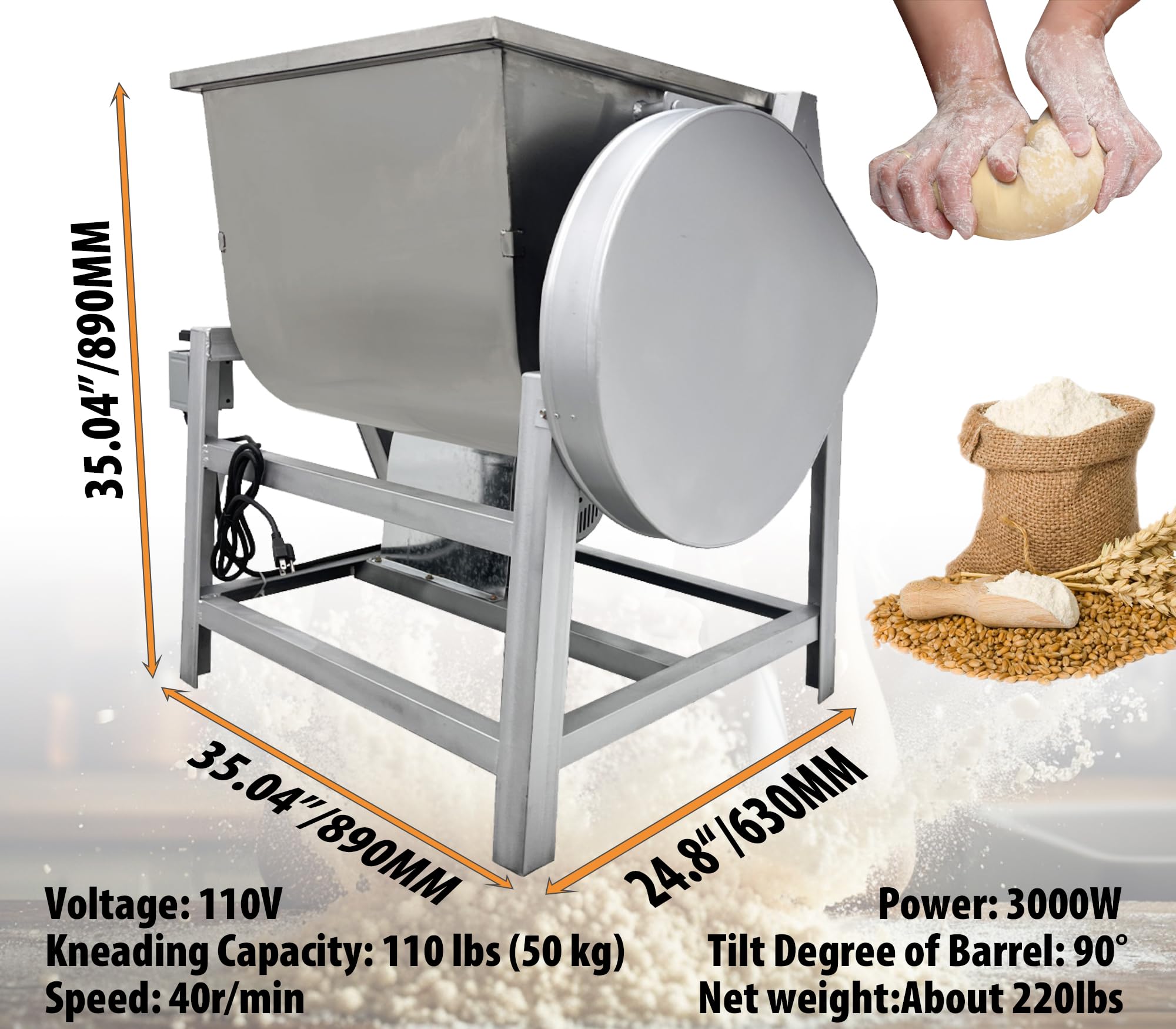 IntXanth 110LB Commercial Dough Mixer, Stainless Steel Commercial Food Mixer, Heavy Duty Flour Mixer Dough Kneading Machine with 90° Tilt Bucket, 50KG Kneading Capacity 3000W