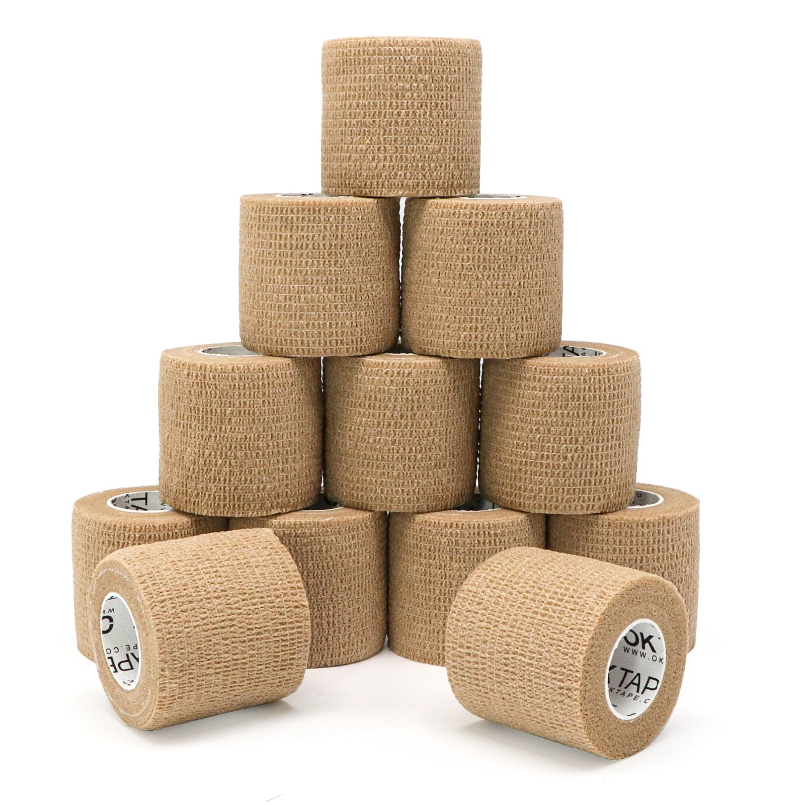 OK TAPE 12 Rolls Self Adhesive Bandage Wrap, Elastic Athletic Tape, Self Stick Bandage Tape, Vet Wrap, Medical Wrap for Wrist, Feet, 2" x 5 Yards - Beige