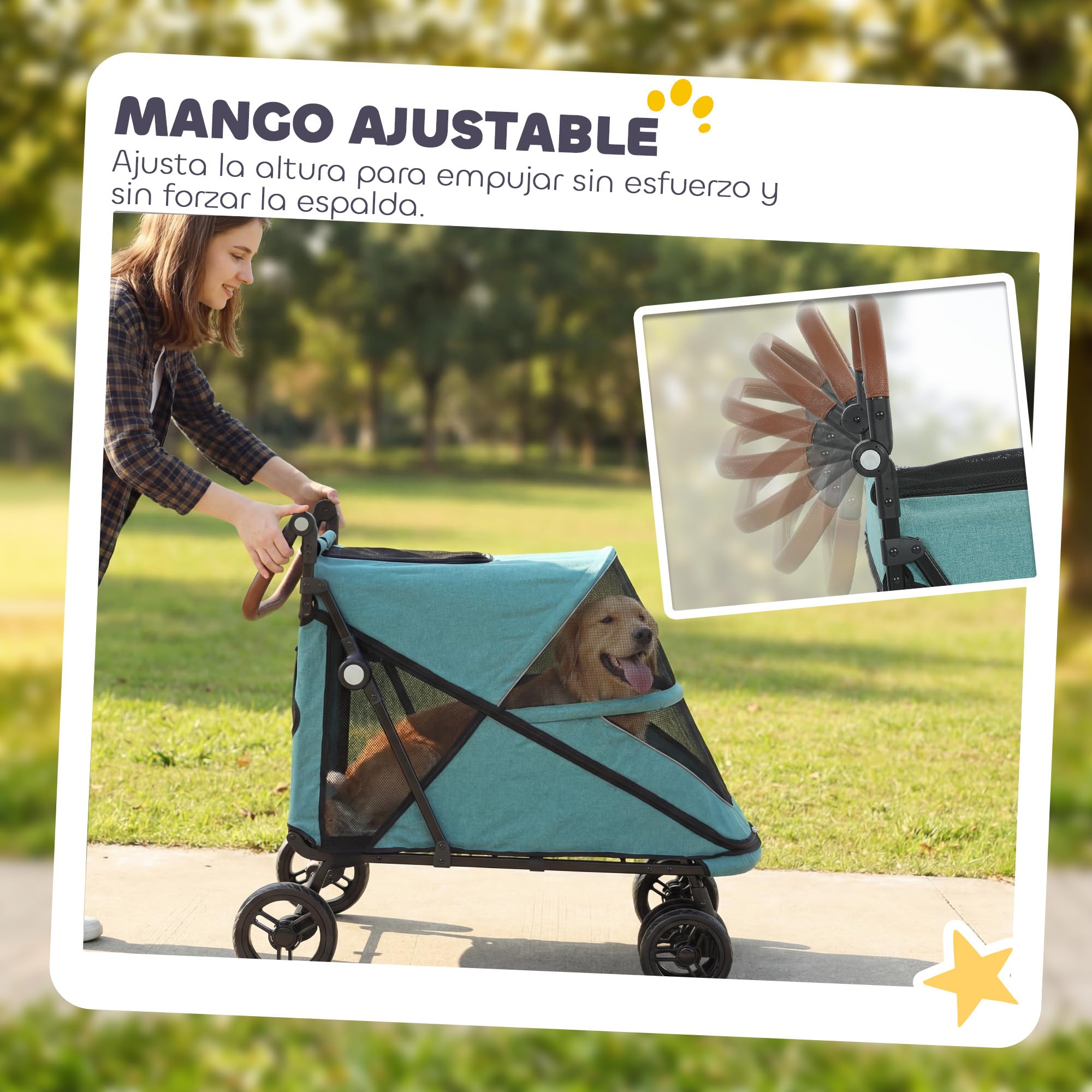 PawHut Carrito para Perros y Gatos Grande Plegable con un Botón hasta 30 kg, Cochecito para Perros Medianos y Grandes, Suspensión 4 Ruedas, Giratorio, Freno de Pie, Cojín Lavable, Turquesa