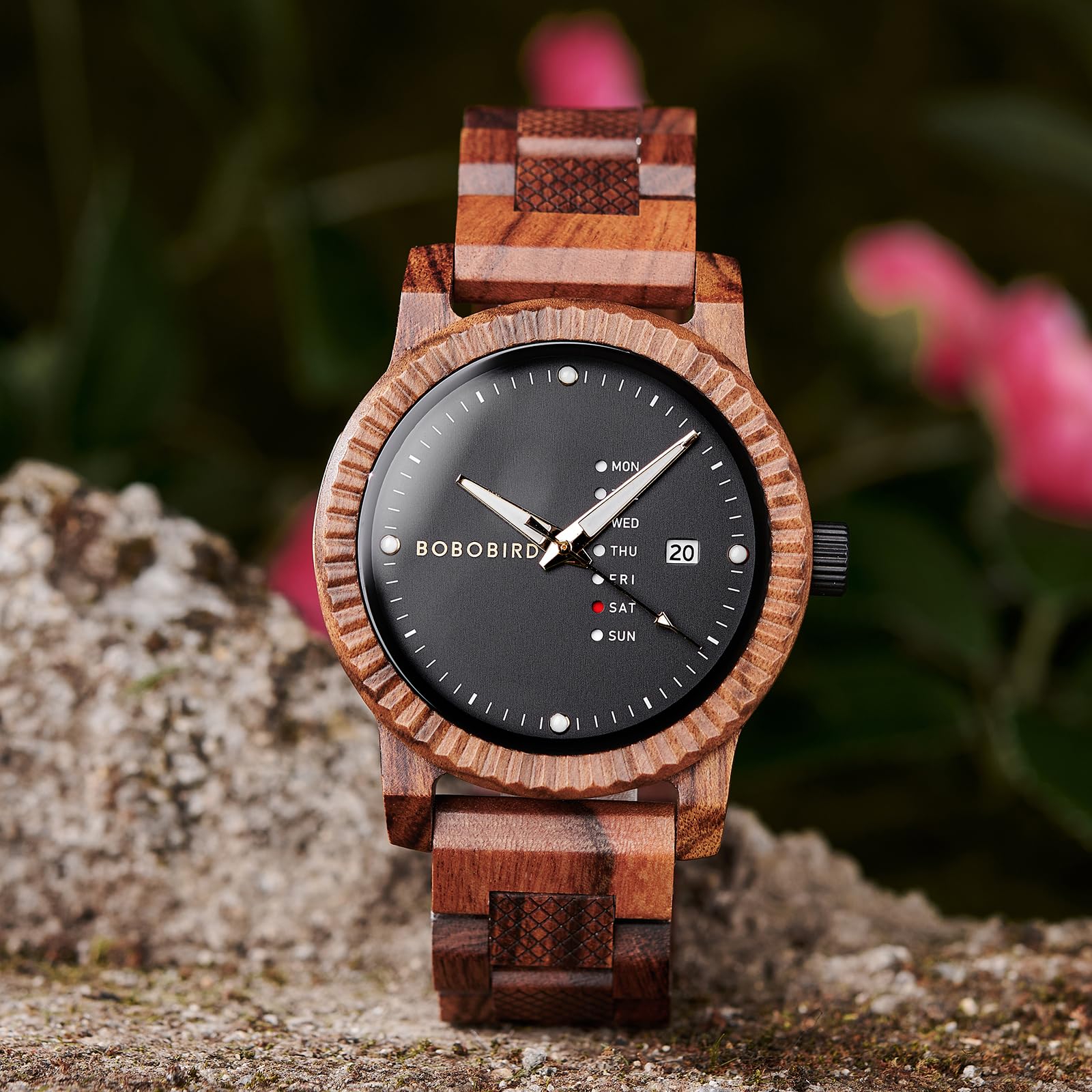 BOBO BIRD Orologio analogico al quarzo da uomo, in legno, con visualizzazione settimanale, leggero, fatto a mano, orologio da polso per uomo