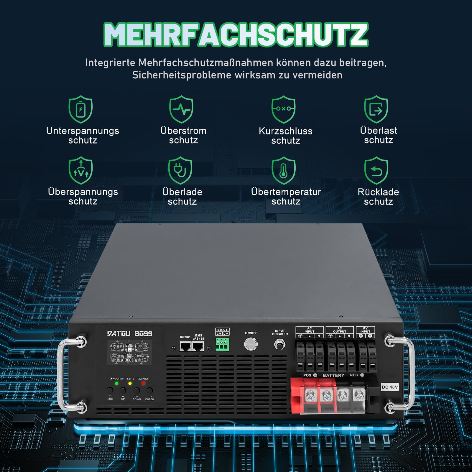 DATOUBOSS Inversor Solar Híbrido Rack 3U 6200W 48V, Onda Sinusoidal Pura 230V, MPPT 120A, Entrada Fotovoltaica 8500W, Compatible con Baterías LiFePO4, Función UPS, Pantalla LCD para Sistema Solar