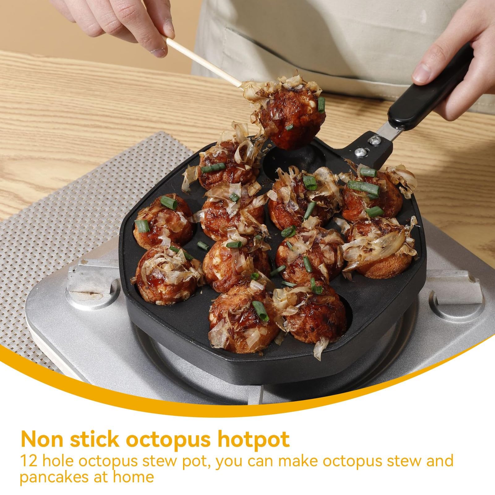 12 Holes Takoyaki Pan, Non-stick Aluminum Takoyaki Grill Pan Plate with Handle Octopus Ball/Pancake Maker Baking Mold