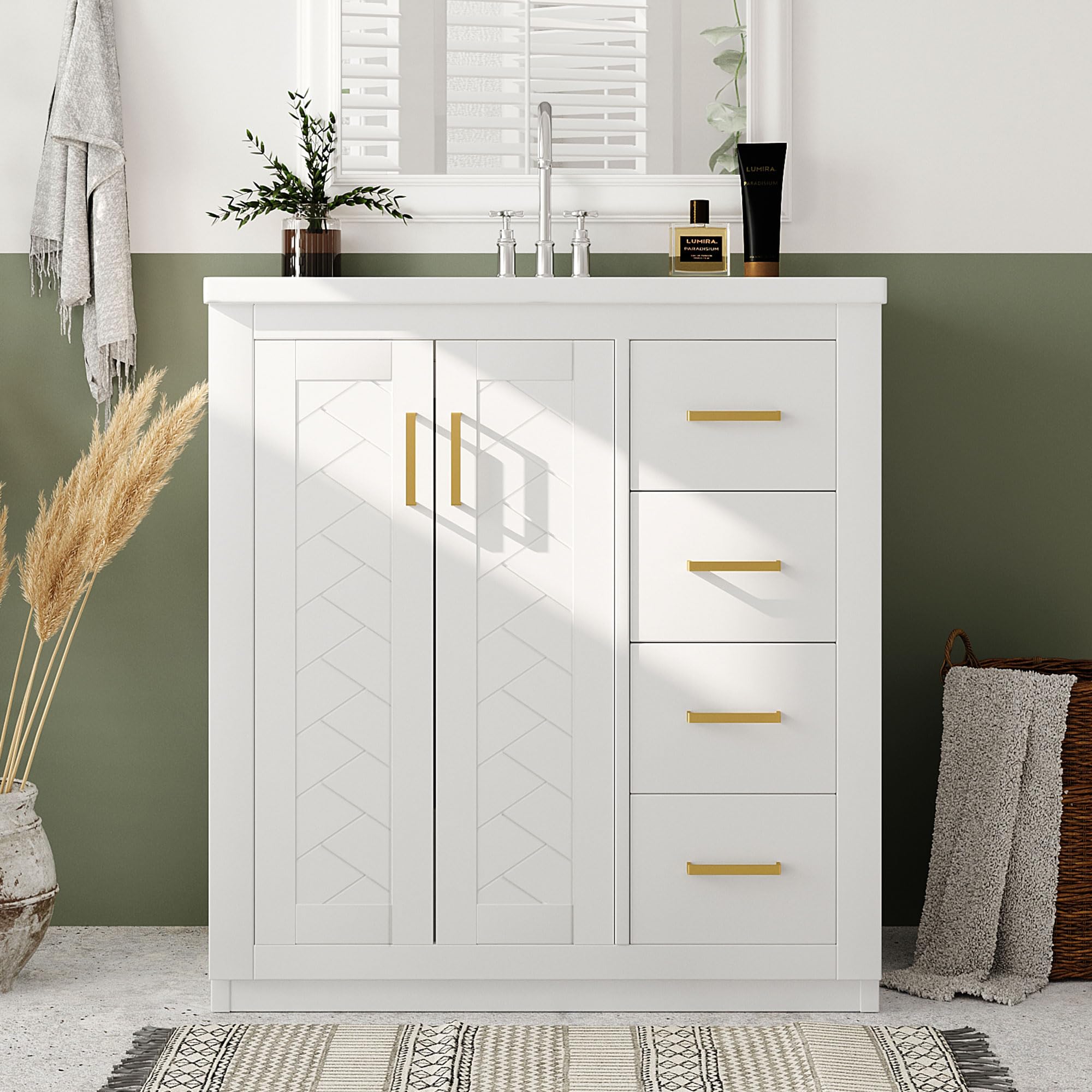 Yestar 30 Inches Bathroom Vanity Set with Ceramic Sink, Solid Wood Frame, 3 Drawers Soft Closing Door Freestanding Storage Cabinet in White (3 Drawers + 1 Doors)