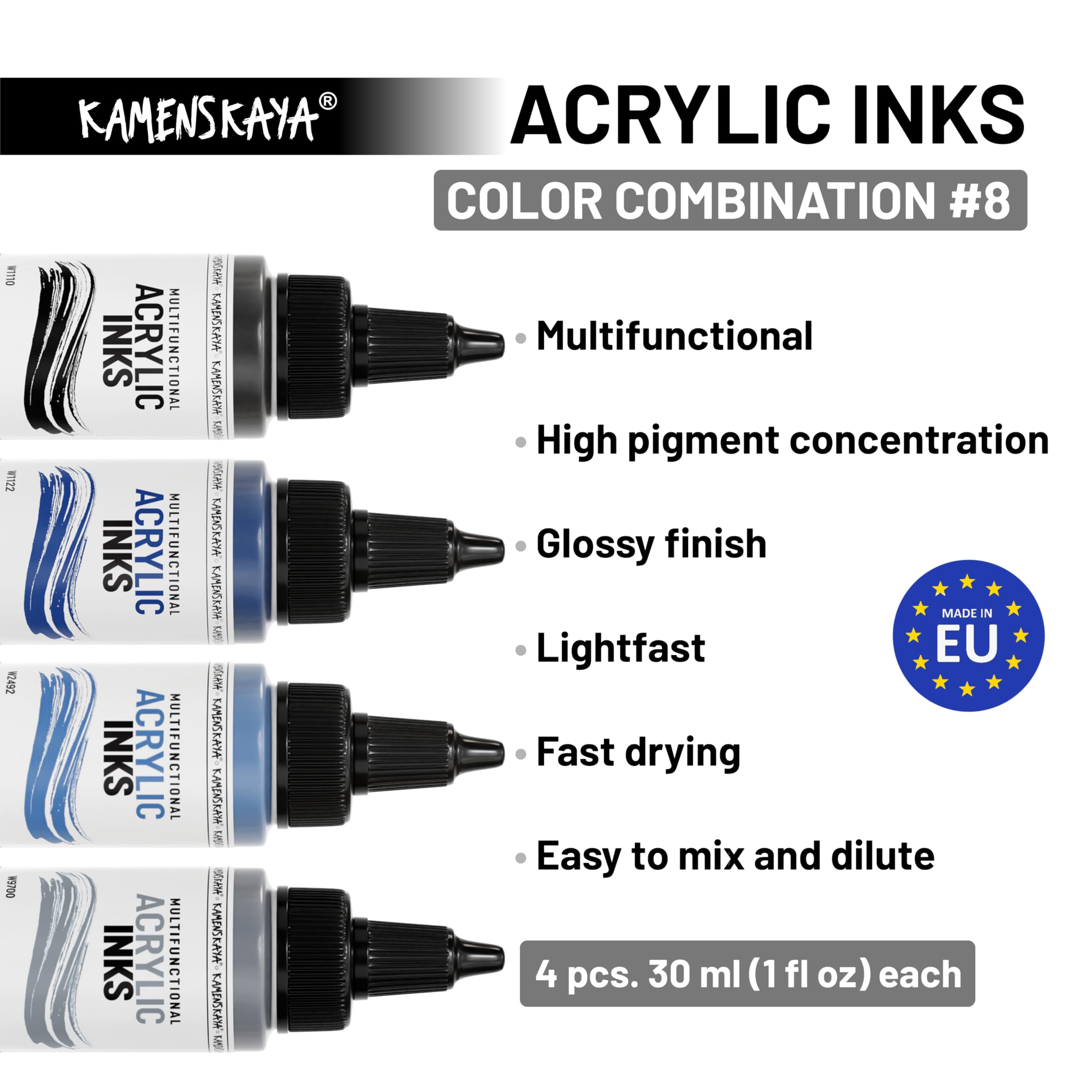 Kamenskaya Acrylic Inks for Artists - Acrylic Ink Set, Color Combination #8-4 pcs. 1 Fl Oz (30 ml) Each, 30 ml (Pack of 4) - Image 3