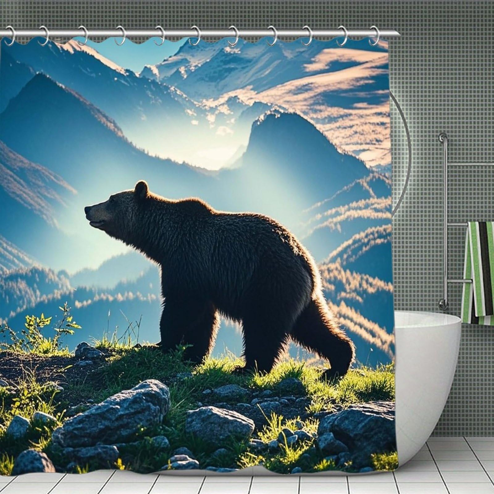 VstaDank Bear Silhouette Shower Curtain Waterproof Bathroom Shower Curtain with C Type Hooks Soft Lightweight Shower Curtains Liner Washable Polyester Cloth Shower Liner 71x71 Inch