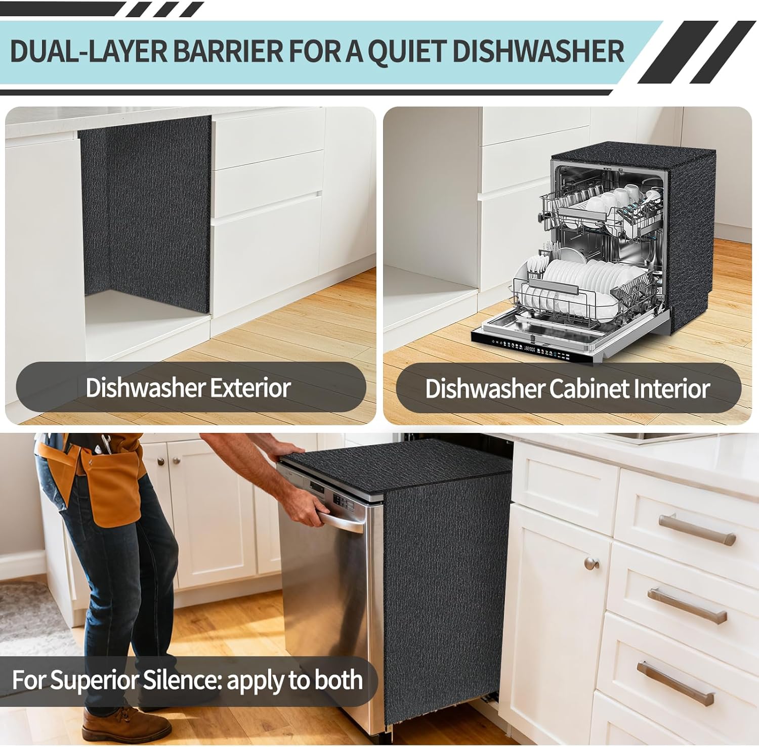 TroyStudio Dishwasher Sound Insulation Blanket, 13" x 196" x 0.16" Self-Adhesive Tear-Resistant XPE Foam Sheet, Noise Cancelling Heat Shield, Machine Soundproof Cover, Waterproof & Anti-Vibration Wrap