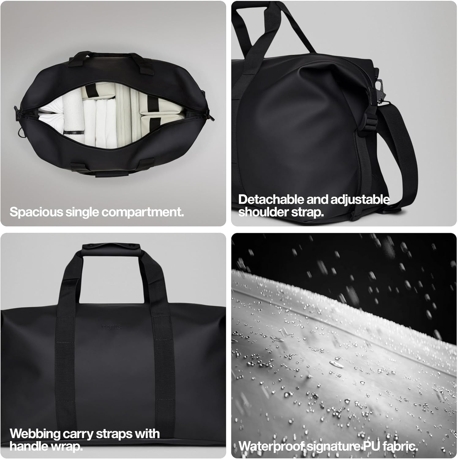 RAINS Hilo Weekend Bag Small - Black Waterproof Travel Duffel for Men and Women - Compact Black Duffle with Coated Zip, Adjustable Strap, Compression Straps - 2 Year Warranty - Image 2