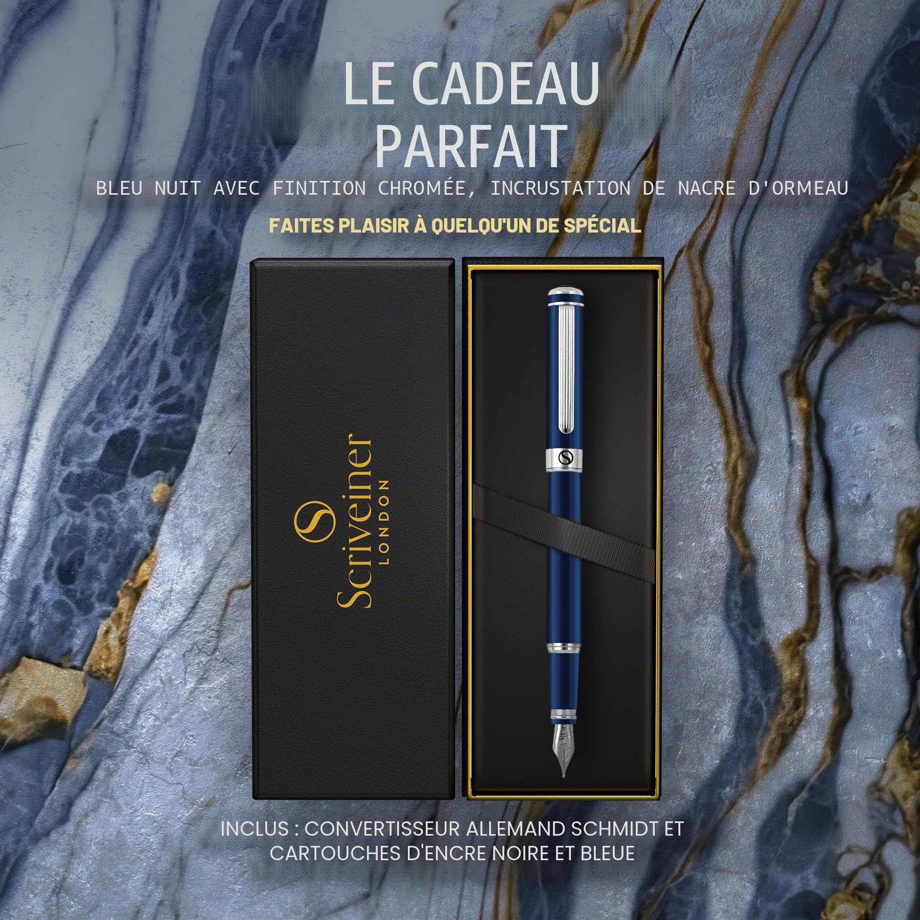 Scriveiner Stylo Plume Midnight Blue – Superbe Stylo avec Finition chromée, Plume Schmidt (Moyenne), Coffret Idéal pour Homme et Femme, Professionnel, Directeur, Bureau, Beau Stylo