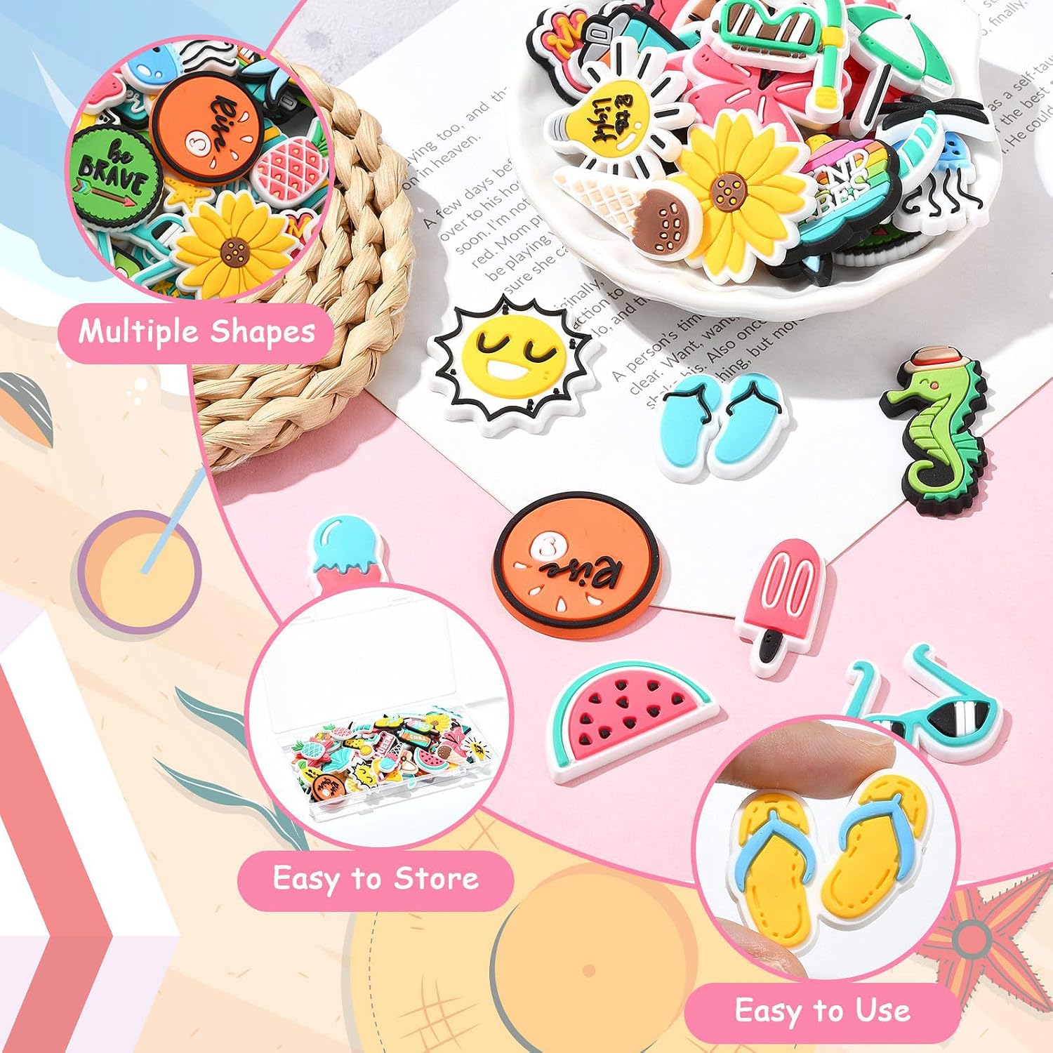 LiQunSweet 56 pcs 56 Styles Summer-themed PVC Shoe Charms Ice Cream Drink Fruit Shell Leaf Flower Swimming Sun Cabochons for DIY Jewelry Making Decorations Shoe Bag