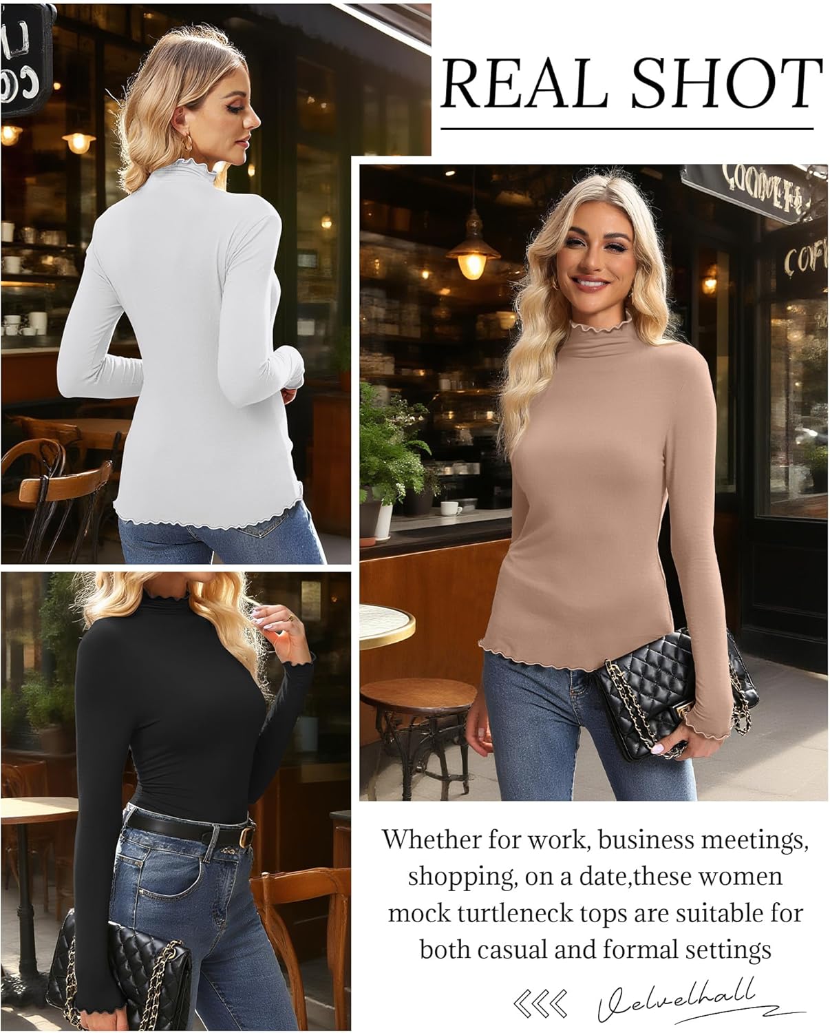 3 Pack Women's Mock Turtleneck Tops Long Sleeve Lettuce Trim Shirts Ruffle Neck Slim Fit Casual Tight Layer(White, Black, Khaki,XX-Large) - Image 6